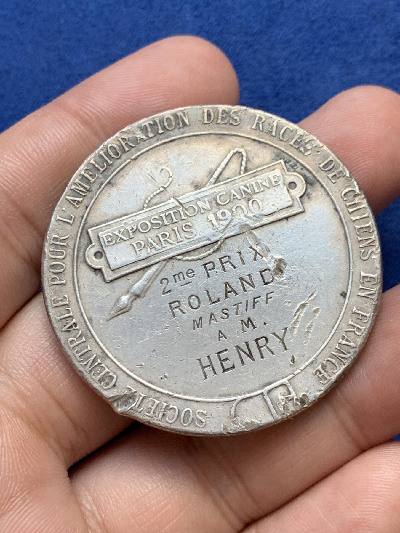 《竞宝斋》第291场- 周日，周一，周二 3场连拍 （全场包邮） 法国中央犬种改良协会银章，46.28g，44.5mm，丰饶角边铭，边磕碰