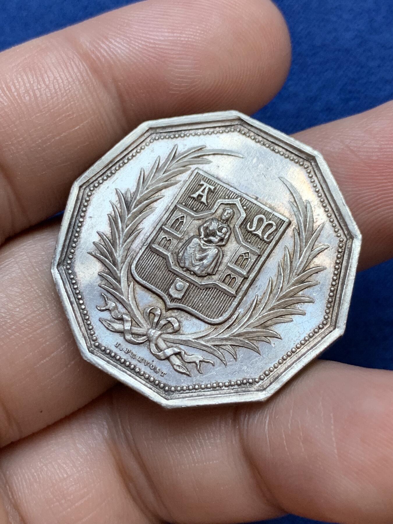 《竞宝斋》第291场- 周日，周一，周二 3场连拍 （全场包邮） 法国十角银质代币，蒙彼利埃储蓄银行，16.90g，32.6mm，蜜蜂边铭