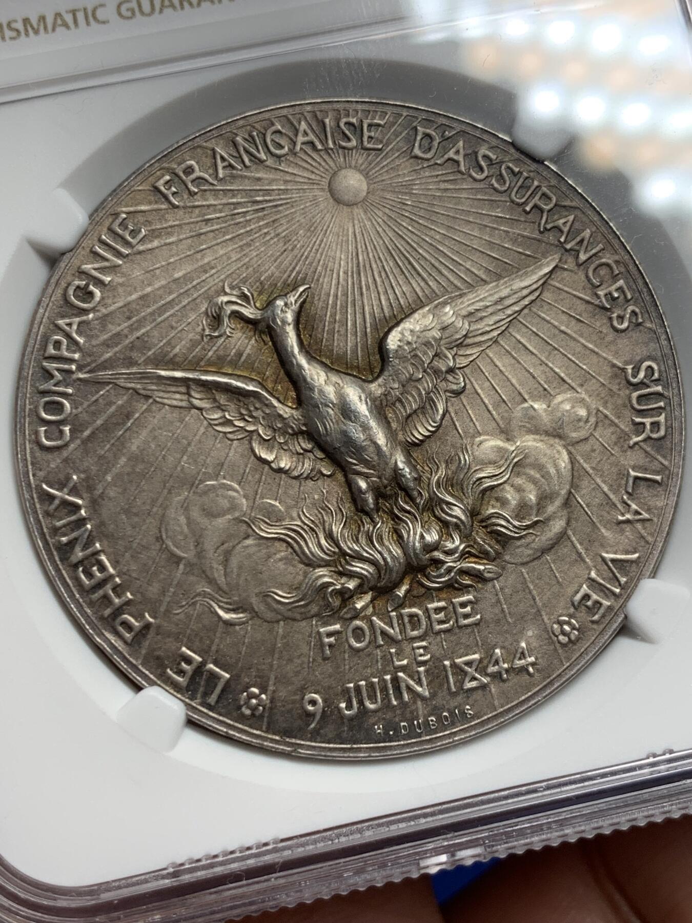 《竞宝斋》第291场- 周日，周一，周二 3场连拍 （全场包邮） NGC-MS64 法国凤凰火灾保险公司成立50周年纪念银质代币