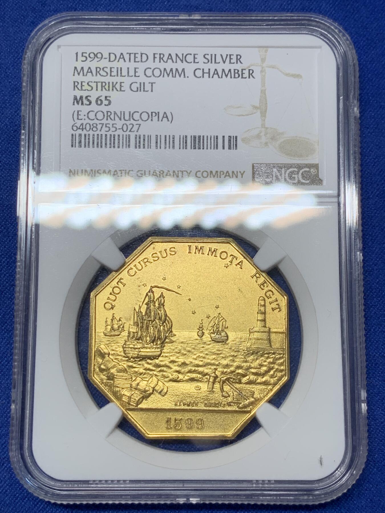 《竞宝斋》第291场- 周日，周一，周二 3场连拍 （全场包邮） NGC MS65 法国马赛商会八角镀金银质jeton