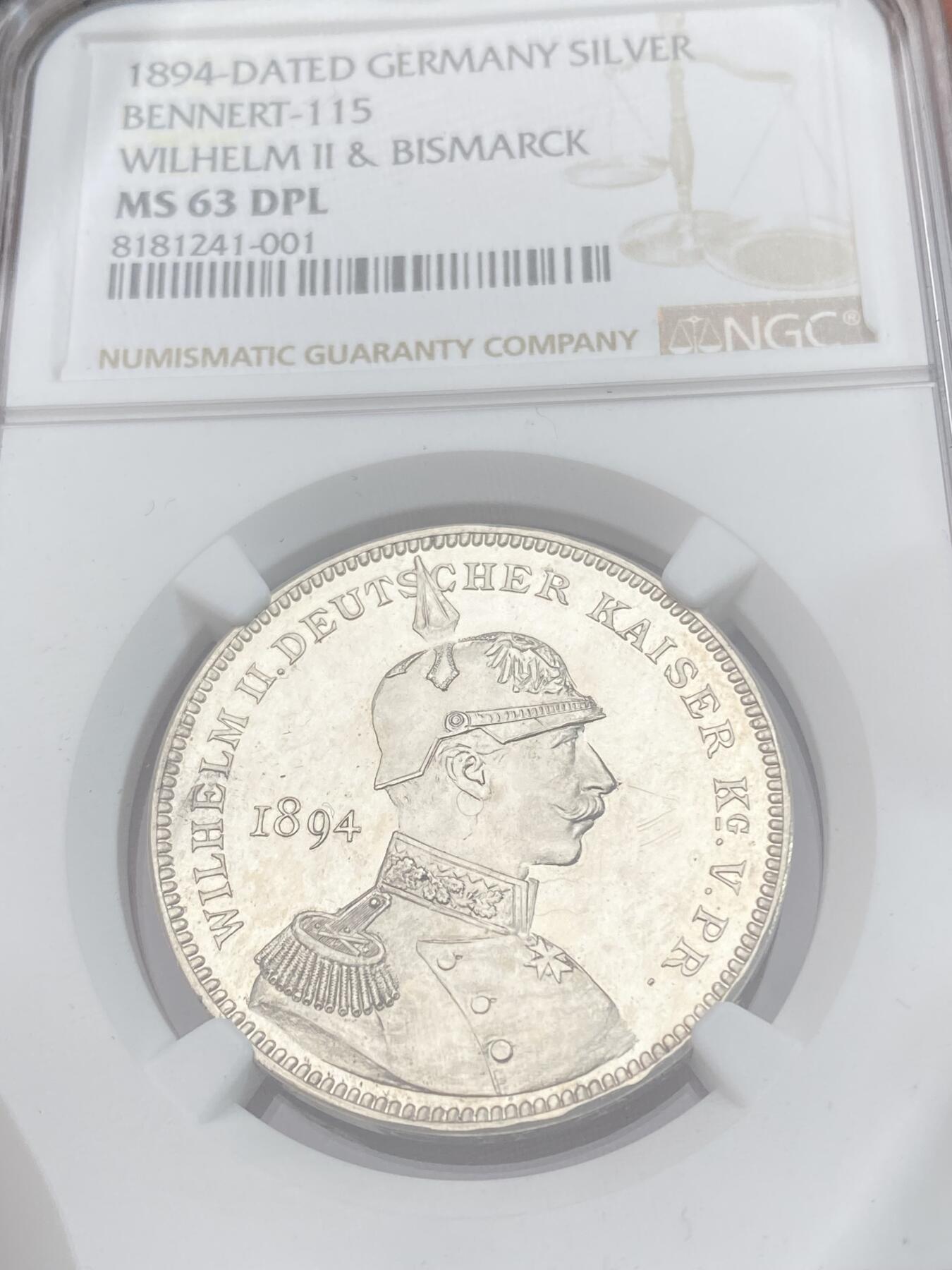 万国钱币拍卖第030期（万国三十期纪念大拍） NGC MS63DPL 1894年德国威廉二世与俾斯麦和解纪念银章 深度黑底板类镜面 所见状态最佳 