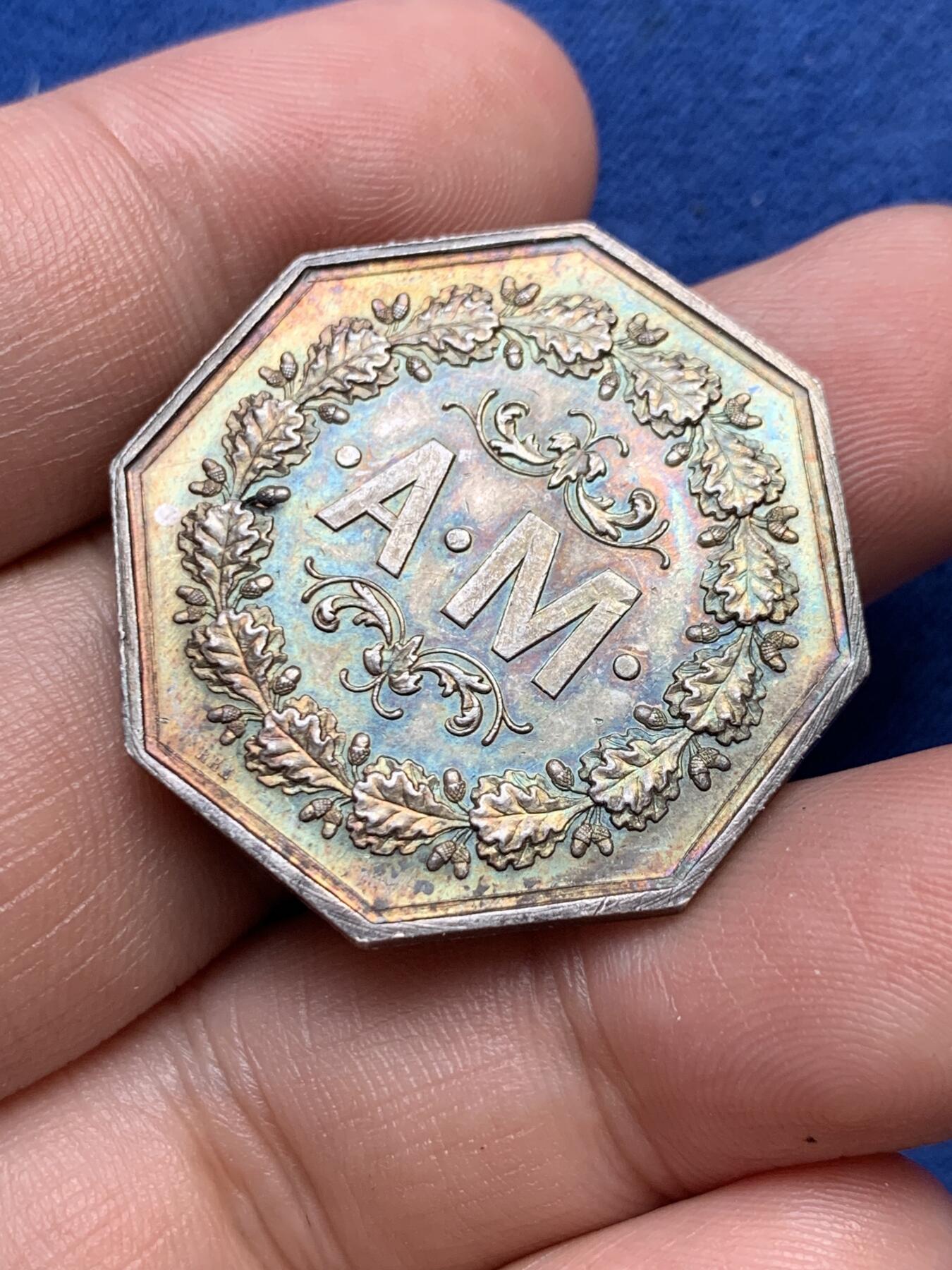 《竞宝斋》第291场- 周日，周一，周二 3场连拍 （全场包邮） 法国塞纳河和马恩河相互火灾保险（AM）八角银jeton，32.1mm，14.68克，蜜蜂+ARGENT边铭