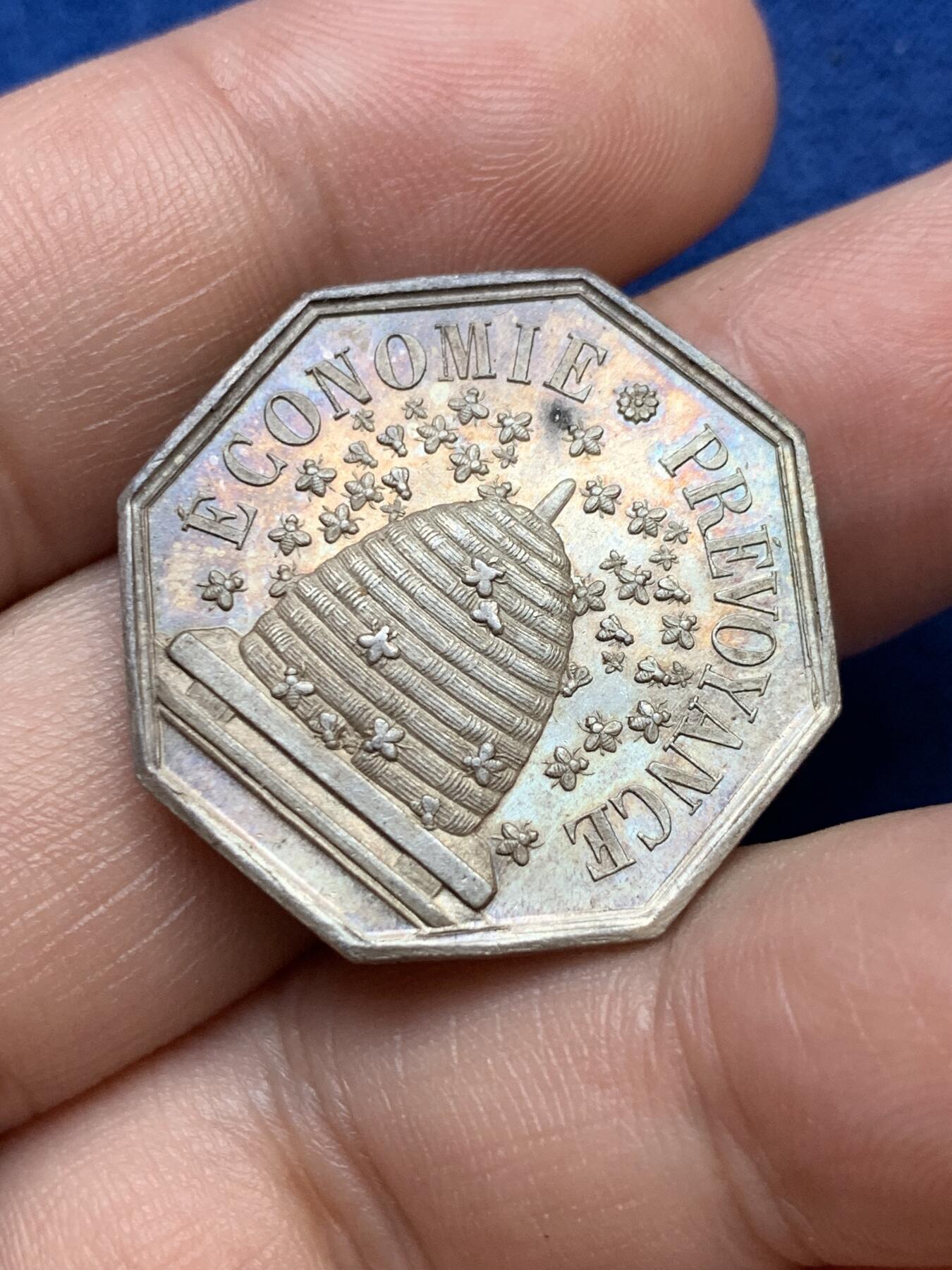 《竞宝斋》第291场- 周日，周一，周二 3场连拍 （全场包邮） 法国八角银章，瓦朗谢纳储蓄银行，10.09g，27.4mm，手指边铭