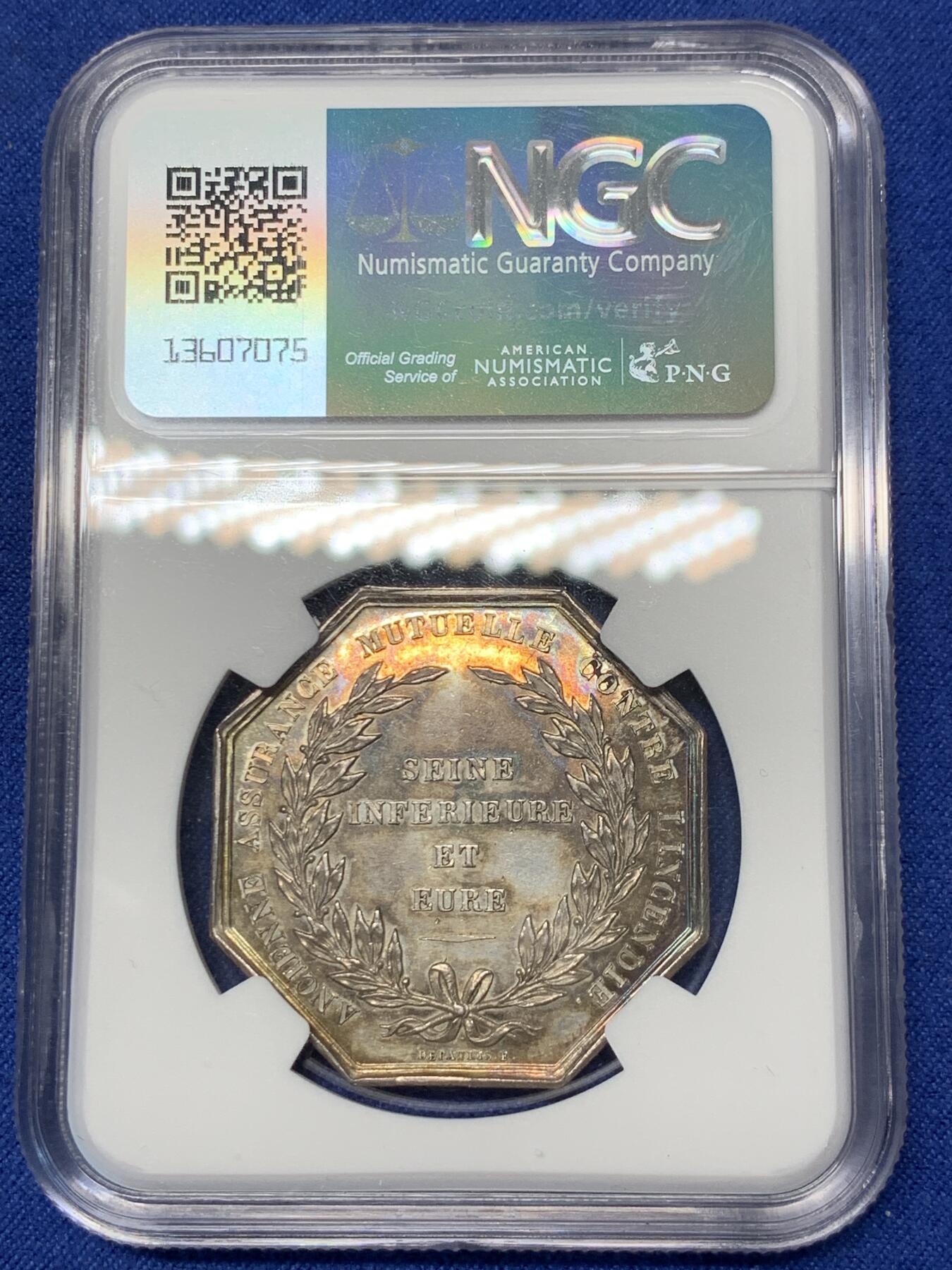 《竞宝斋》第291场- 周日，周一，周二 3场连拍 （全场包邮） NGC MS62 法国凤凰火灾保险公司八角银质jeton