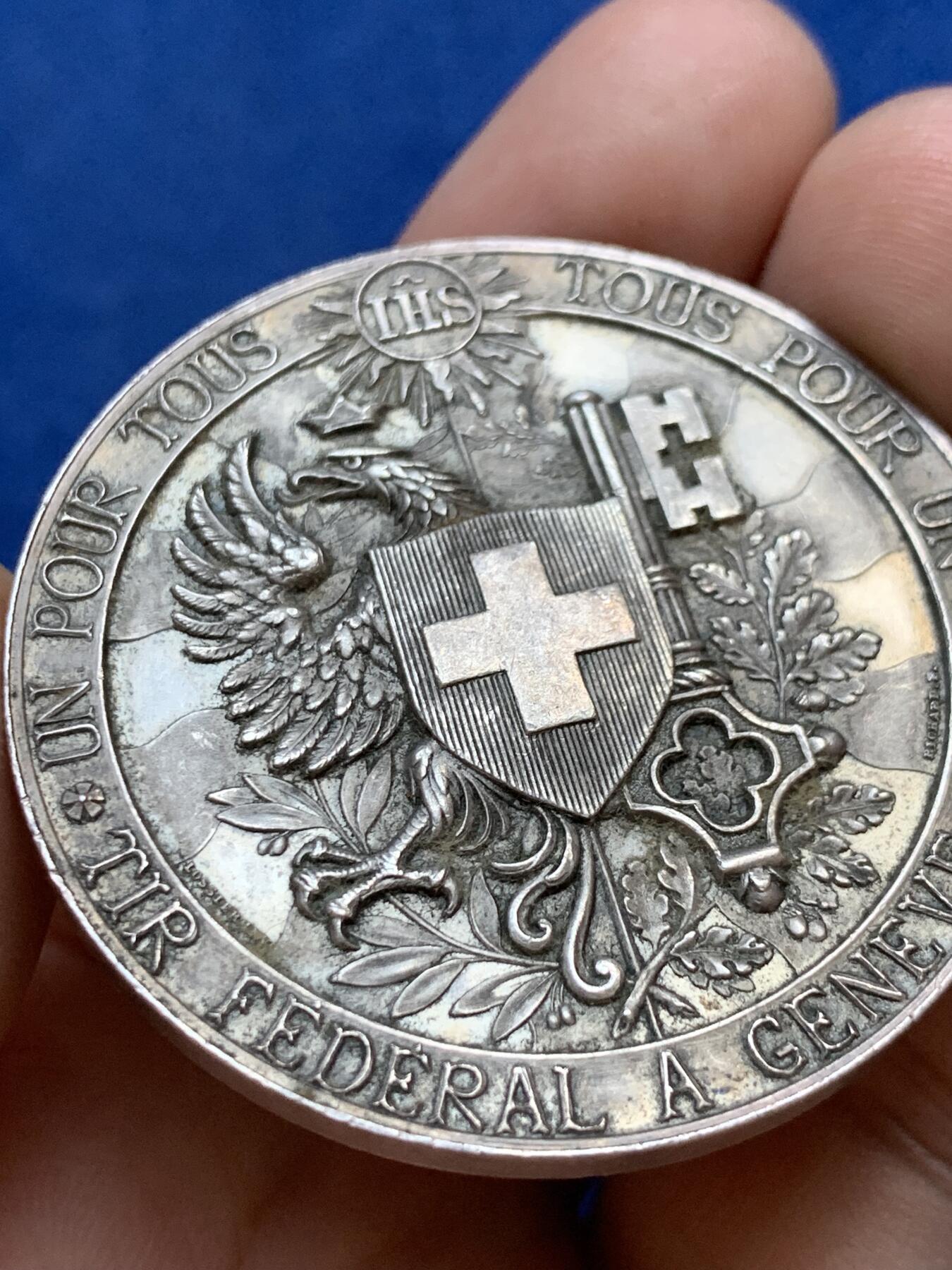 《竞宝斋》第291场- 周日，周一，周二 3场连拍 （全场包邮） 瑞士1887年联邦日内瓦射击节银章，38.23g，45.3mm