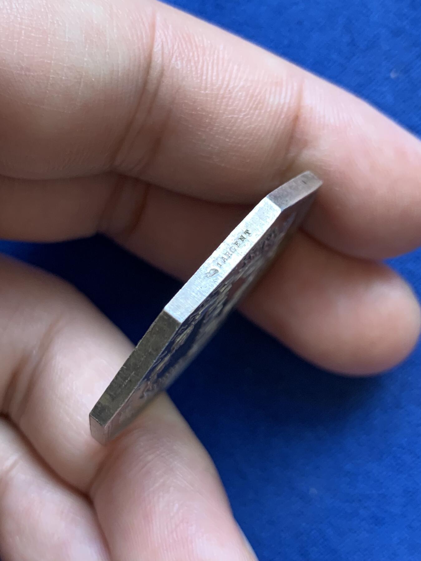 《竞宝斋》第291场- 周日，周一，周二 3场连拍 （全场包邮） 1834年法国里尔储蓄银行八角银代币 丰饶角1ARGENT边铭 36mm 21.3g