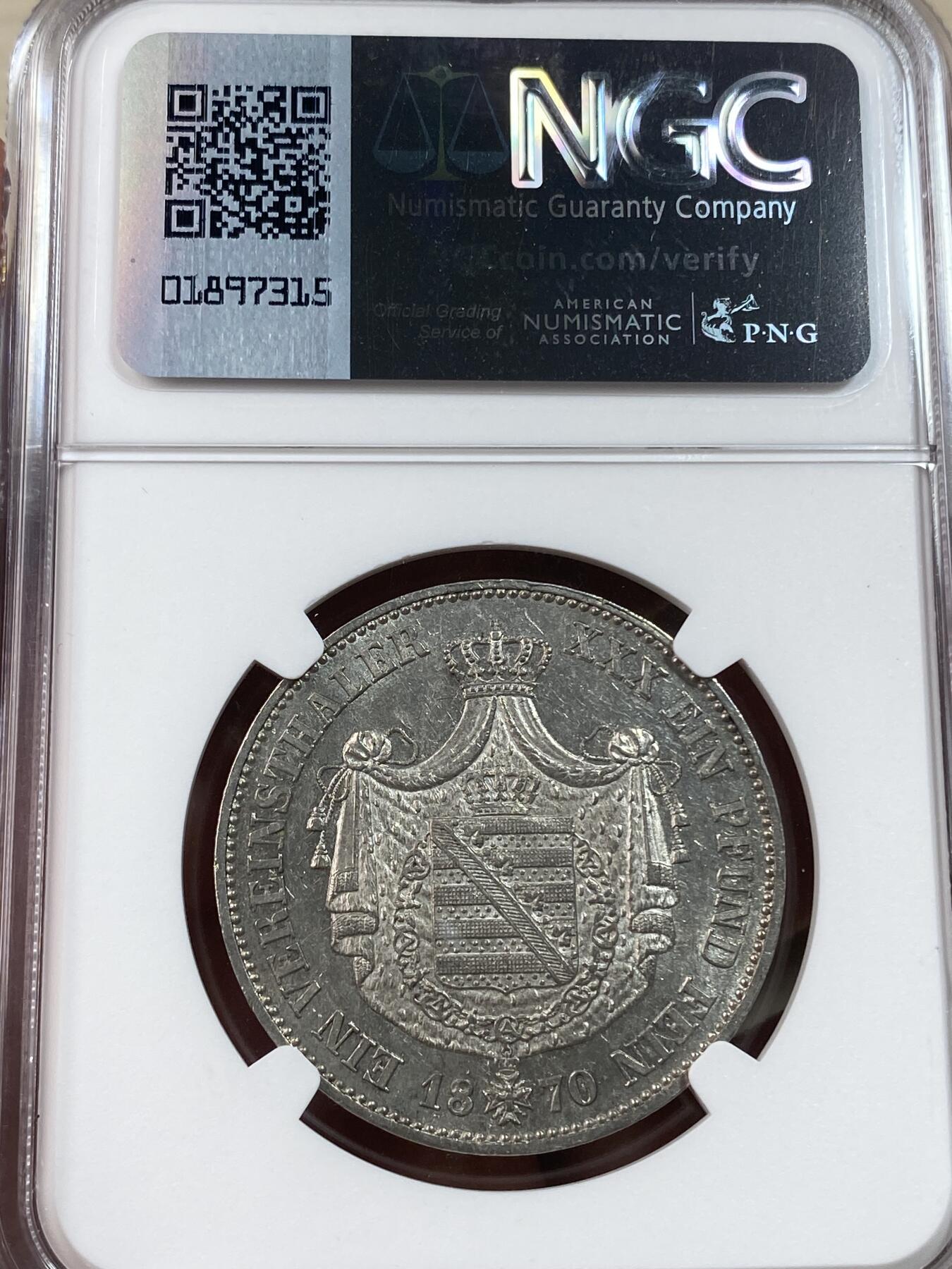 万国钱币拍卖第030期（万国三十期纪念大拍） NGC AU58 1870年德国萨克森-魏玛-爱森纳赫流通1泰勒 评级数量仅仅10枚 发行量4.5W枚 欧洲深五彩