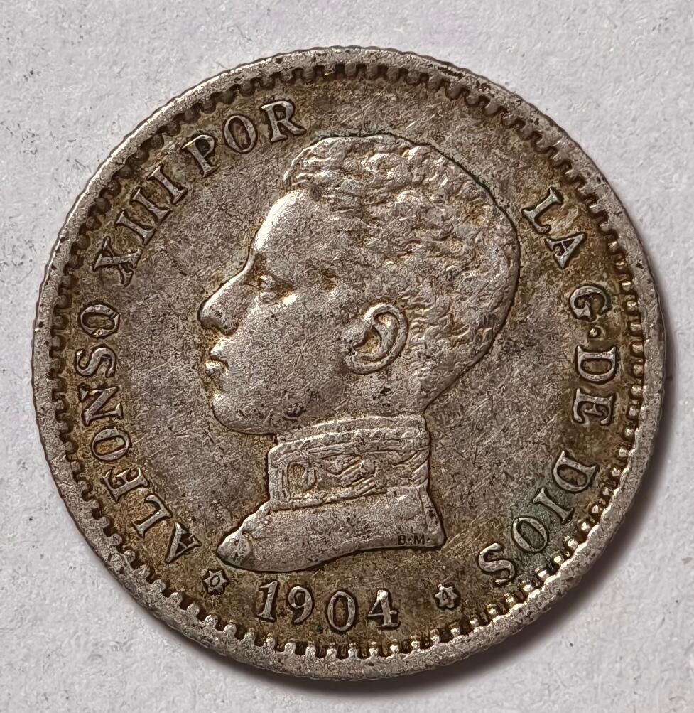 紫瑗钱币——第410期 西班牙 1904年 阿方索十三世 少年头 50分 2.5克 0.835银