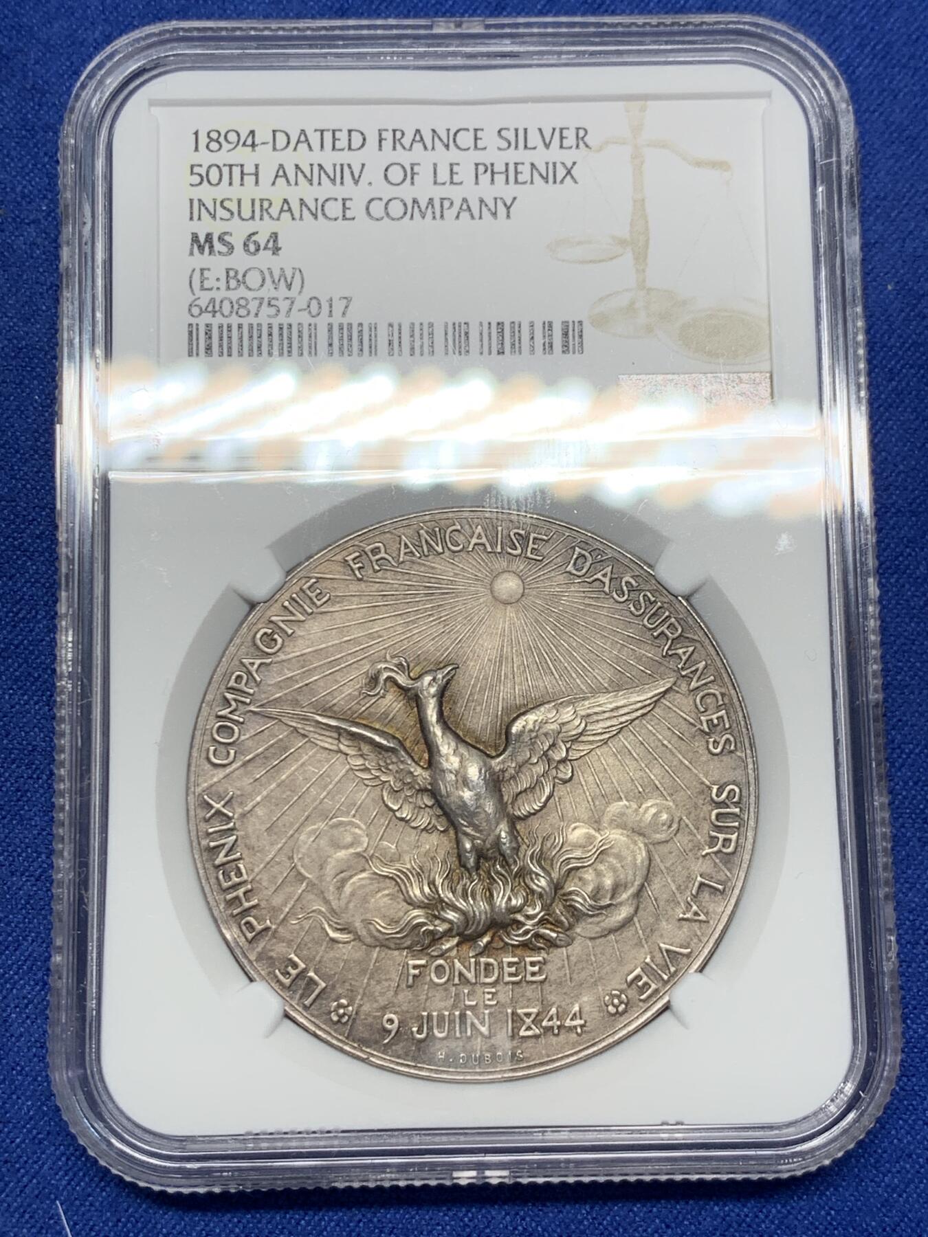 《竞宝斋》第291场- 周日，周一，周二 3场连拍 （全场包邮） NGC-MS64 法国凤凰火灾保险公司成立50周年纪念银质代币