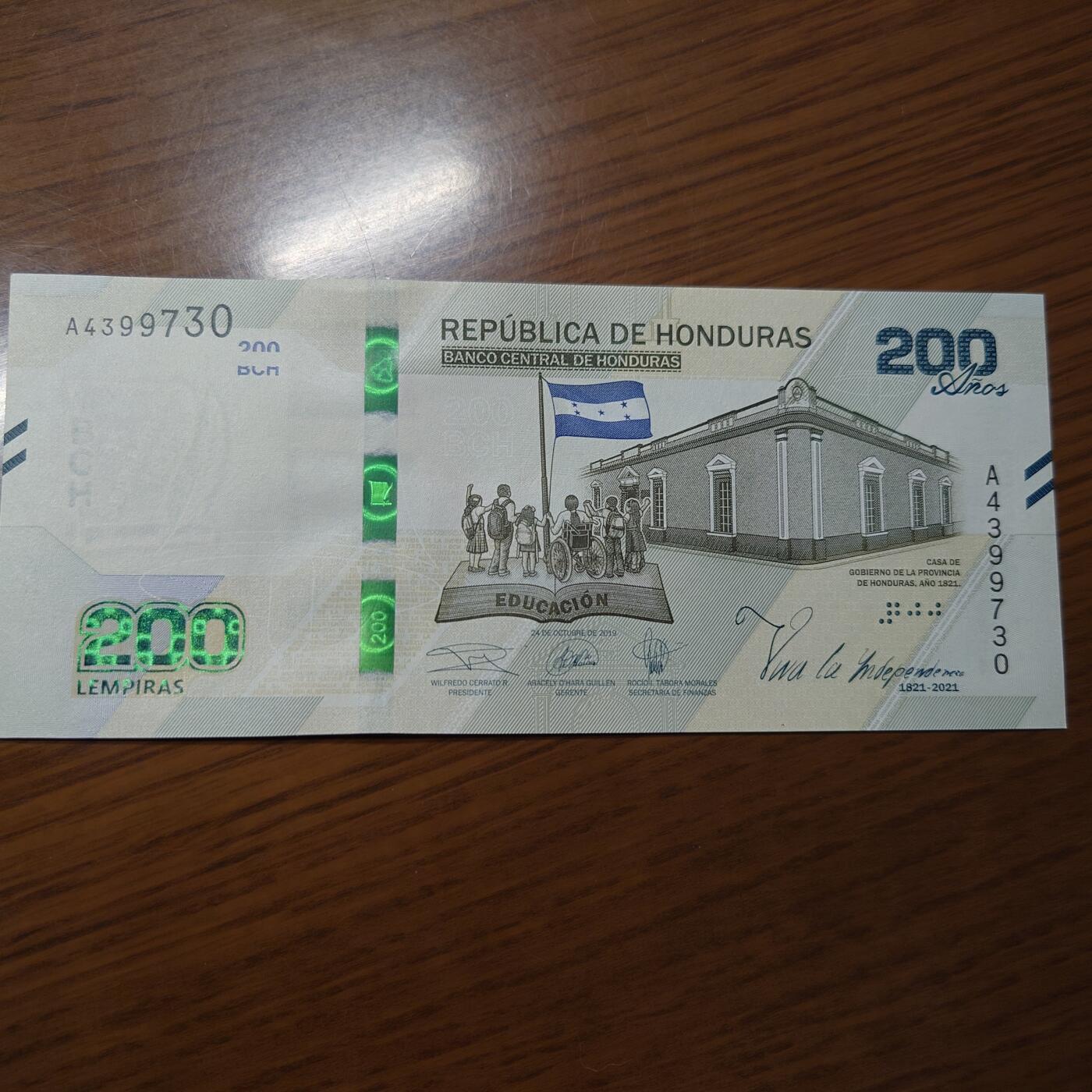 【世界钱币】精选微拍第121期暨2024年第32期  部分新品卖剩 2021年洪都拉斯200 纪念钞 全新绝品尾号730