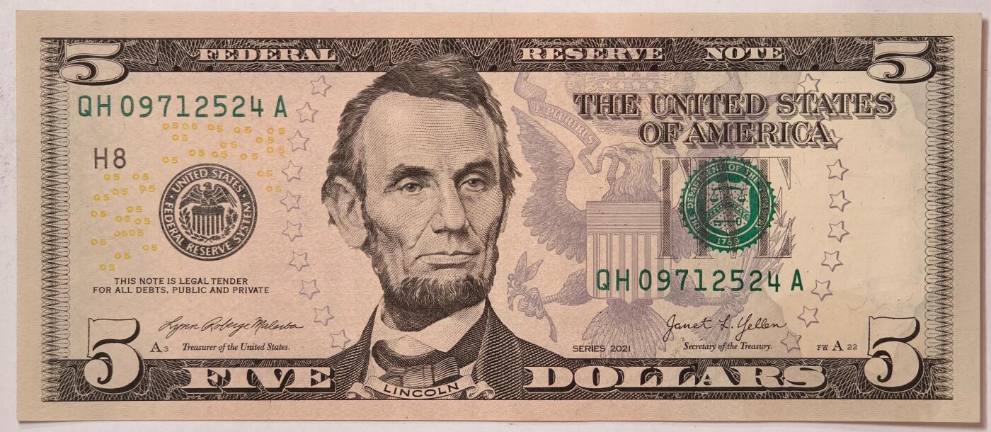 紫瑗钱币——第391期拍卖——纸币场 美国 2021年 H版 无序列 亚伯拉罕·林肯 5美元 彩色版 AU