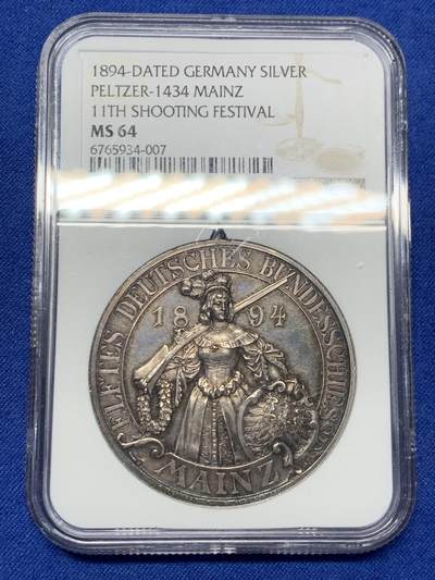 《竞宝斋》第291场- 周日，周一，周二 3场连拍 （全场包邮） - NGC MS64 1894年德国美因茨射击节大银章 德章名誉品，冠军分顶级状态，值得入藏，吊环为原铸