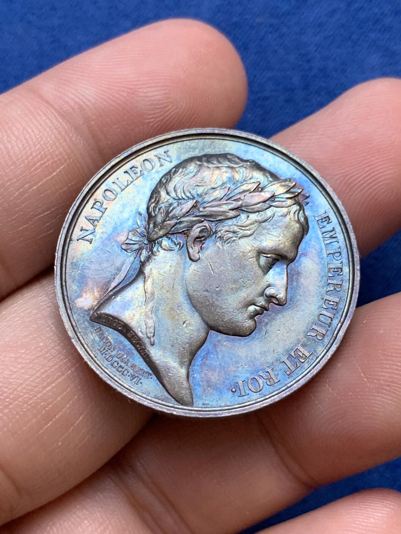 《竞宝斋》第291场- 周日，周一，周二 3场连拍 （全场包邮） 法国拿破仑一世头像鲁昂市政厅银质代币，手拿丰饶角的墨丘利，15.16g，32mm，早期光边原铸