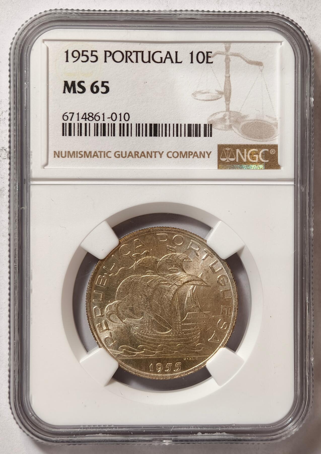紫瑗钱币——第464期 葡萄牙 1955年 帆船 10埃斯库多 银币 NGC MS65
