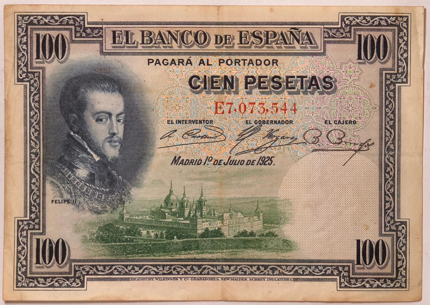 紫瑗钱币——第391期拍卖——纸币场 西班牙 1925年 油画《腓力二世的座椅》 100比塞塔 AU 