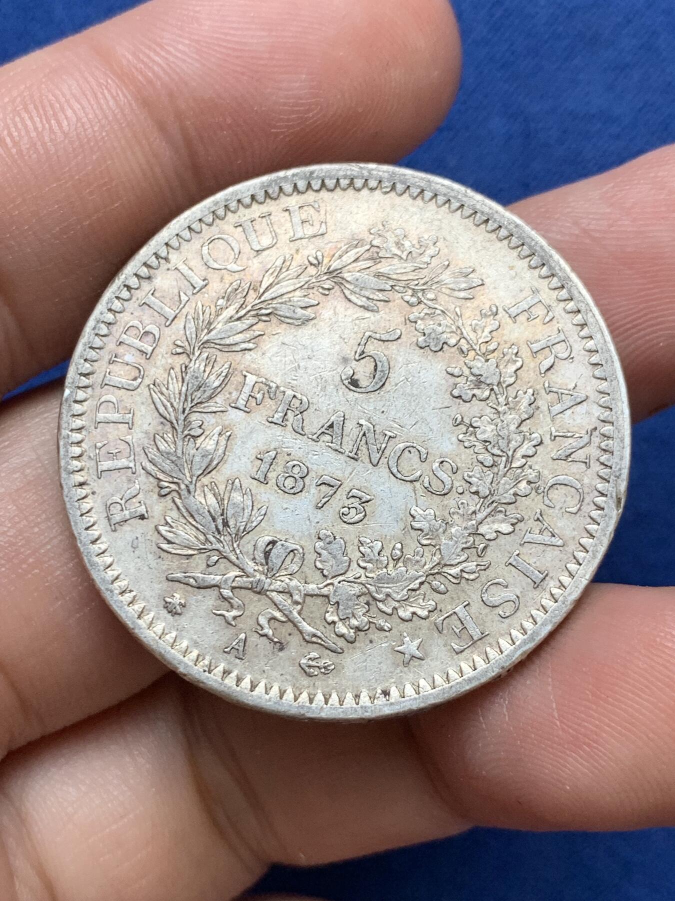 《竞宝斋》第290场- 周日，周一，周二 3场连拍 （全场包邮） 1873年法国大力神5法郎银币 25g