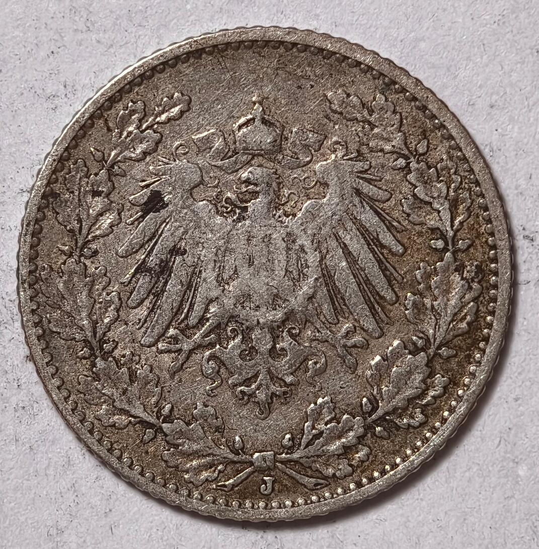 紫瑗钱币——第410期 德国 1907年 J版 第二帝国 1/2马克 银币 2.77克 0.9银