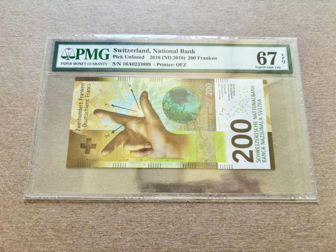 【Blue Auction】✨世界纸币精拍第511期【精】 【A冠无47】瑞士 手版 2016年200法郎 PMG67EPQ 高分