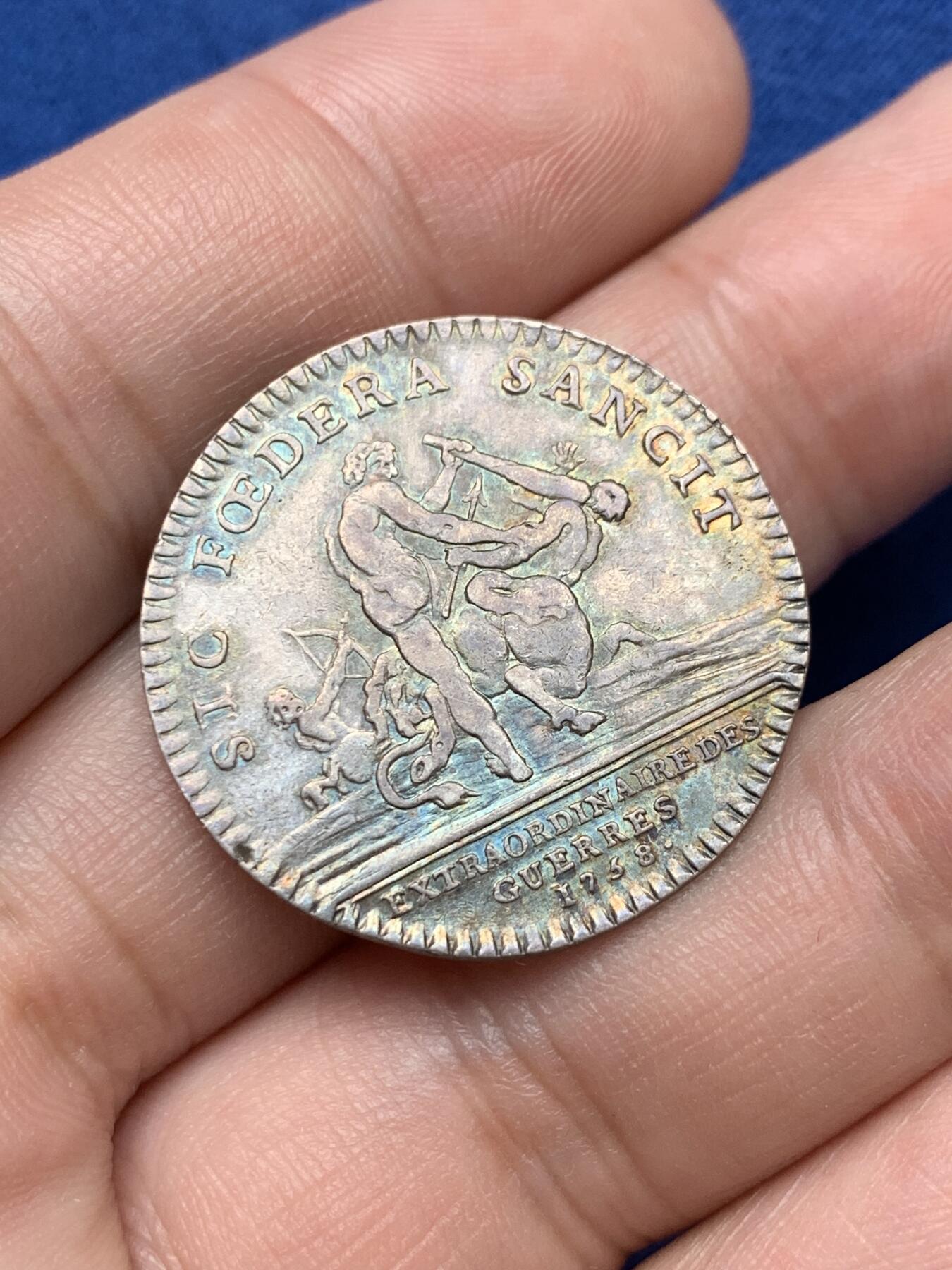 《竞宝斋》第291场- 周日，周一，周二 3场连拍 （全场包邮） 法国1758年非凡战争银质代币，6.84g，28.4mm