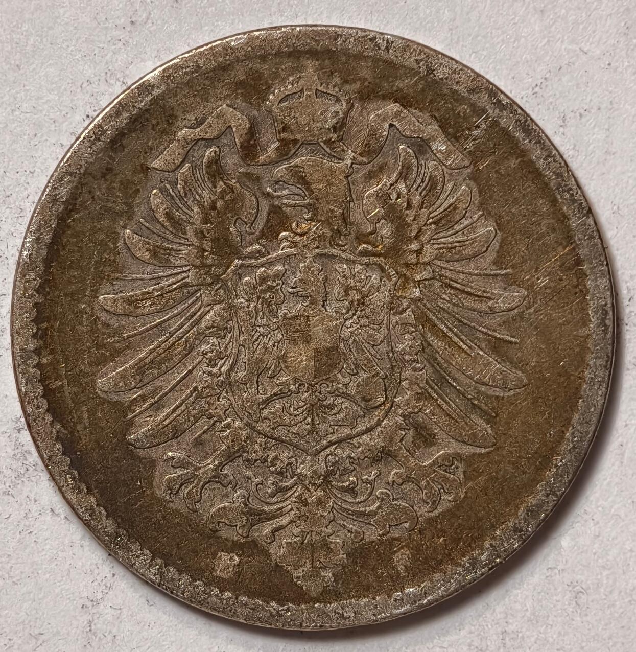 紫瑗钱币——第410期 德国 1874年 F版 第二帝国 短翅 1马克 5.5克 0.9银