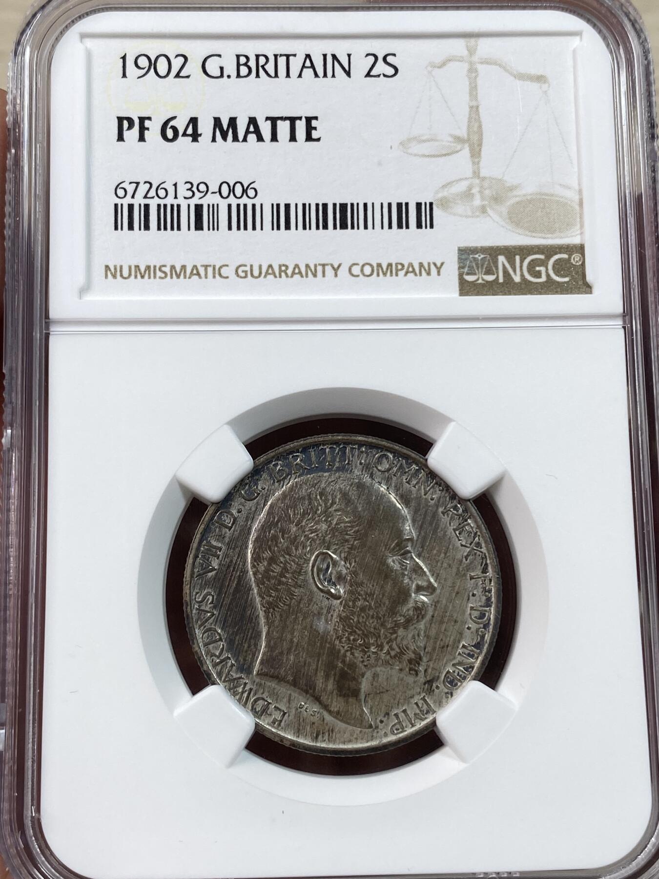 万国钱币拍卖第030期（万国三十期纪念大拍） NGC PF64 1902年英国爱德华七世马剑2先令 精制MATTE原盒装彩 完美状态