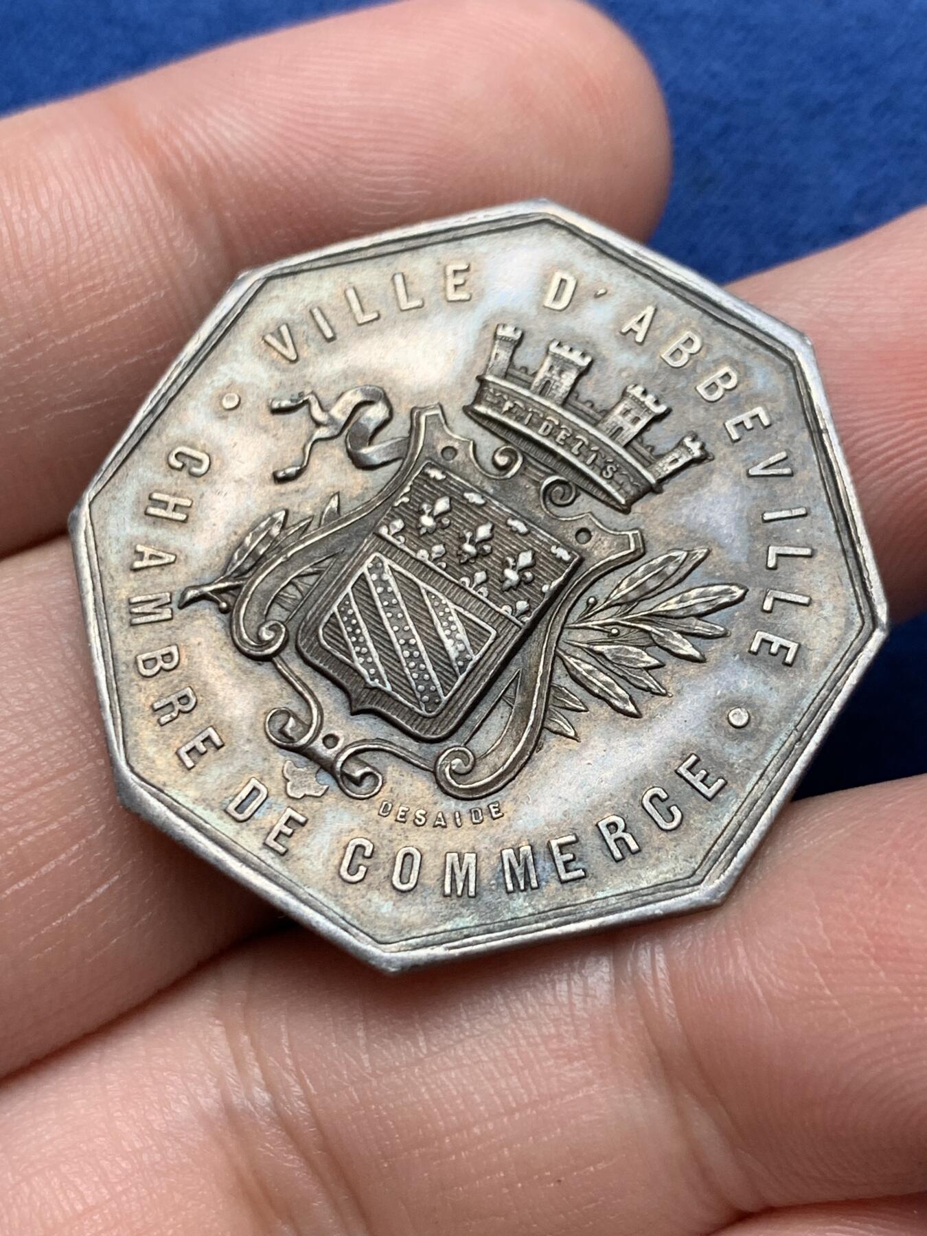 《竞宝斋》第291场- 周日，周一，周二 3场连拍 （全场包邮） 法国阿贝维尔市商会（女神手握大船锚）八角银jeton，33mm，12.63克，丰饶角+ARGENT边铭