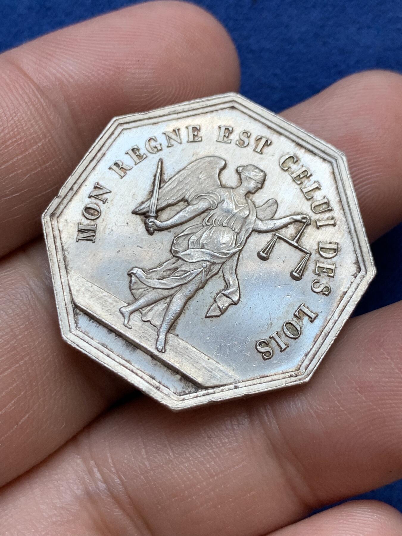 《竞宝斋》第291场- 周日，周一，周二 3场连拍 （全场包邮） 法国八角银质代币，布莱公证人，13.08g，30.8mm，蜜蜂边铭