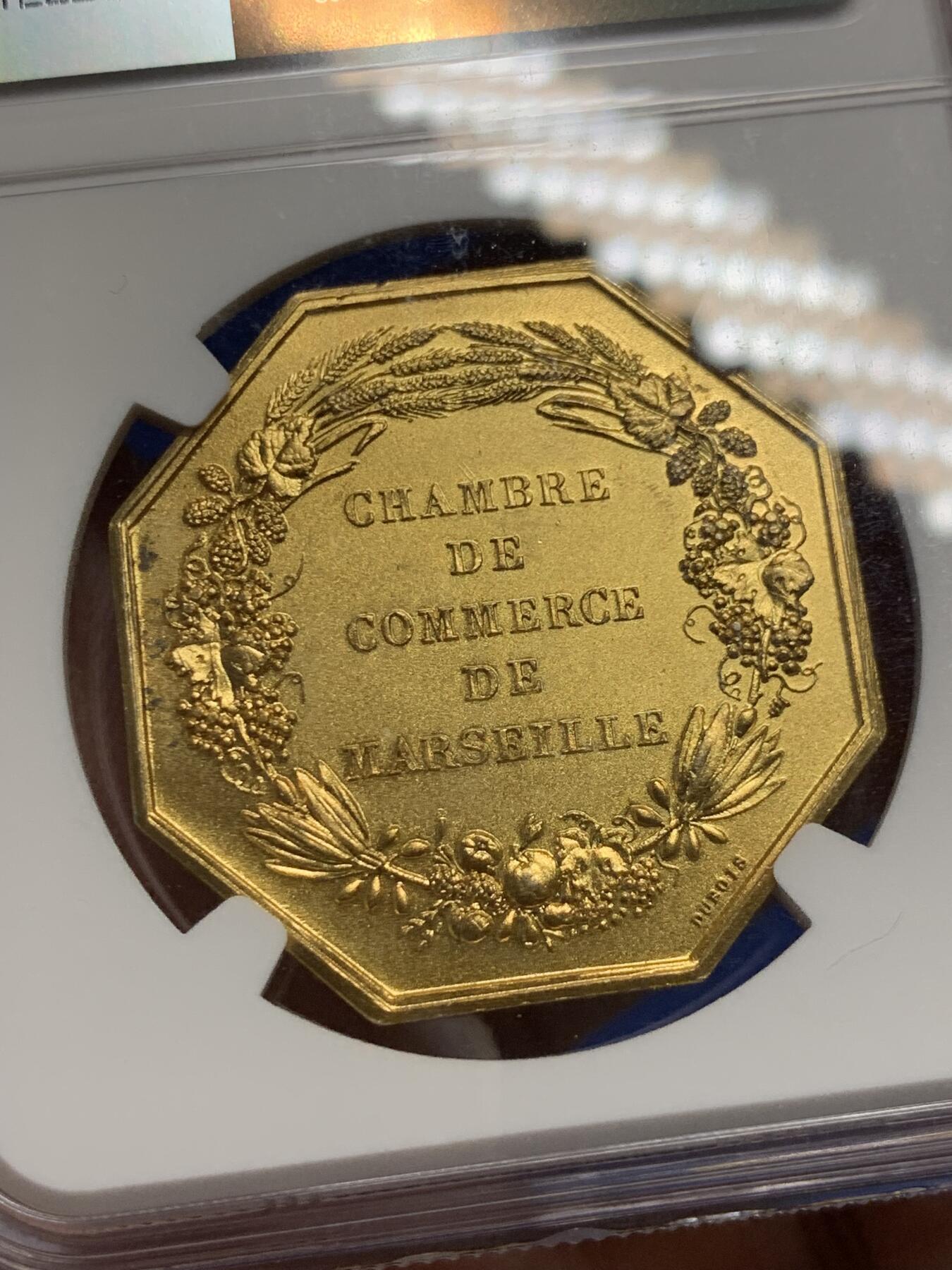 《竞宝斋》第291场- 周日，周一，周二 3场连拍 （全场包邮） NGC MS65 法国马赛商会八角镀金银质jeton