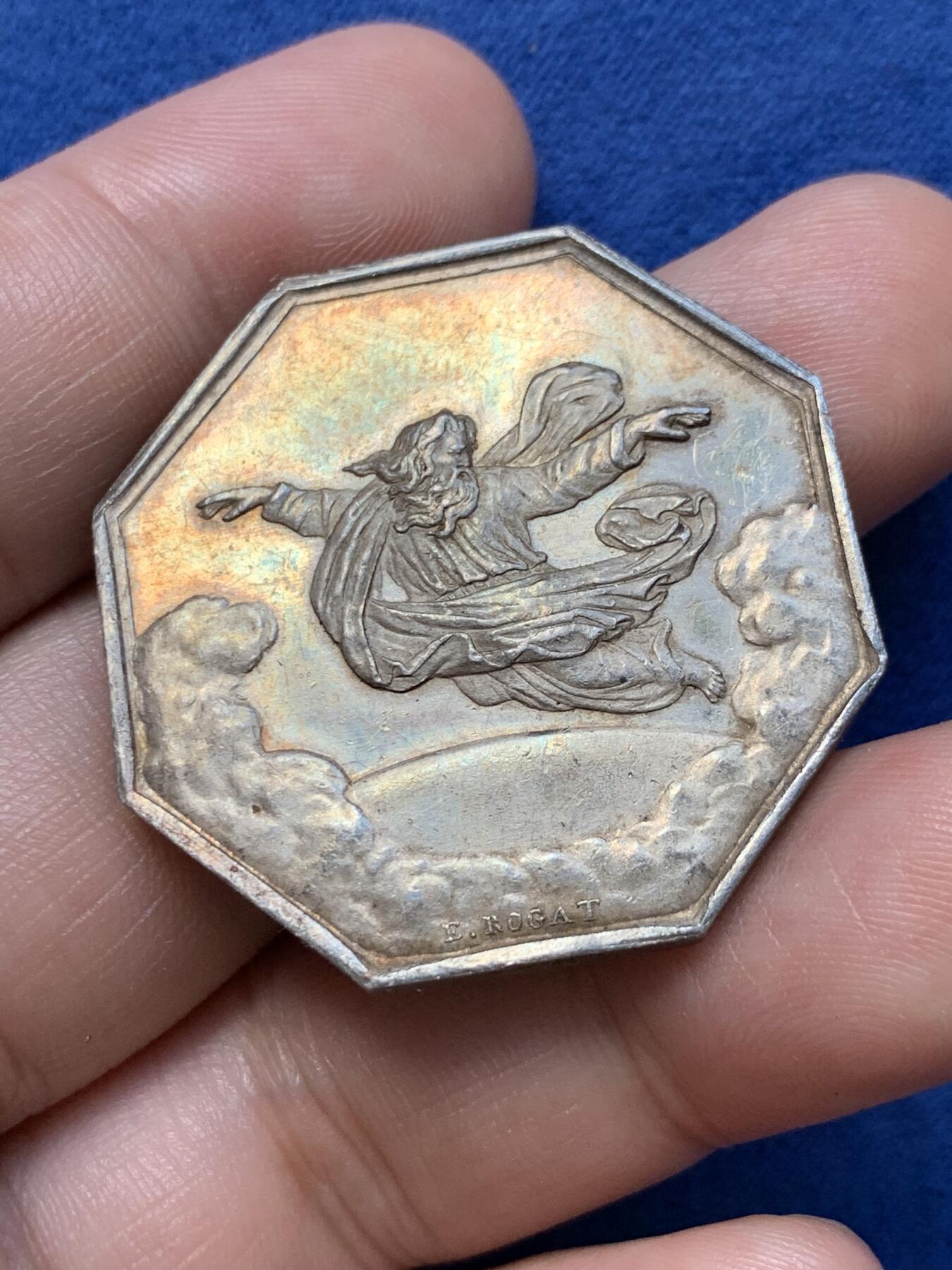 《竞宝斋》第291场- 周日，周一，周二 3场连拍 （全场包邮） 法国八角银质代币，天父保险公司，飞翔的宙斯，19.88g，36.2mm，蜜蜂边铭