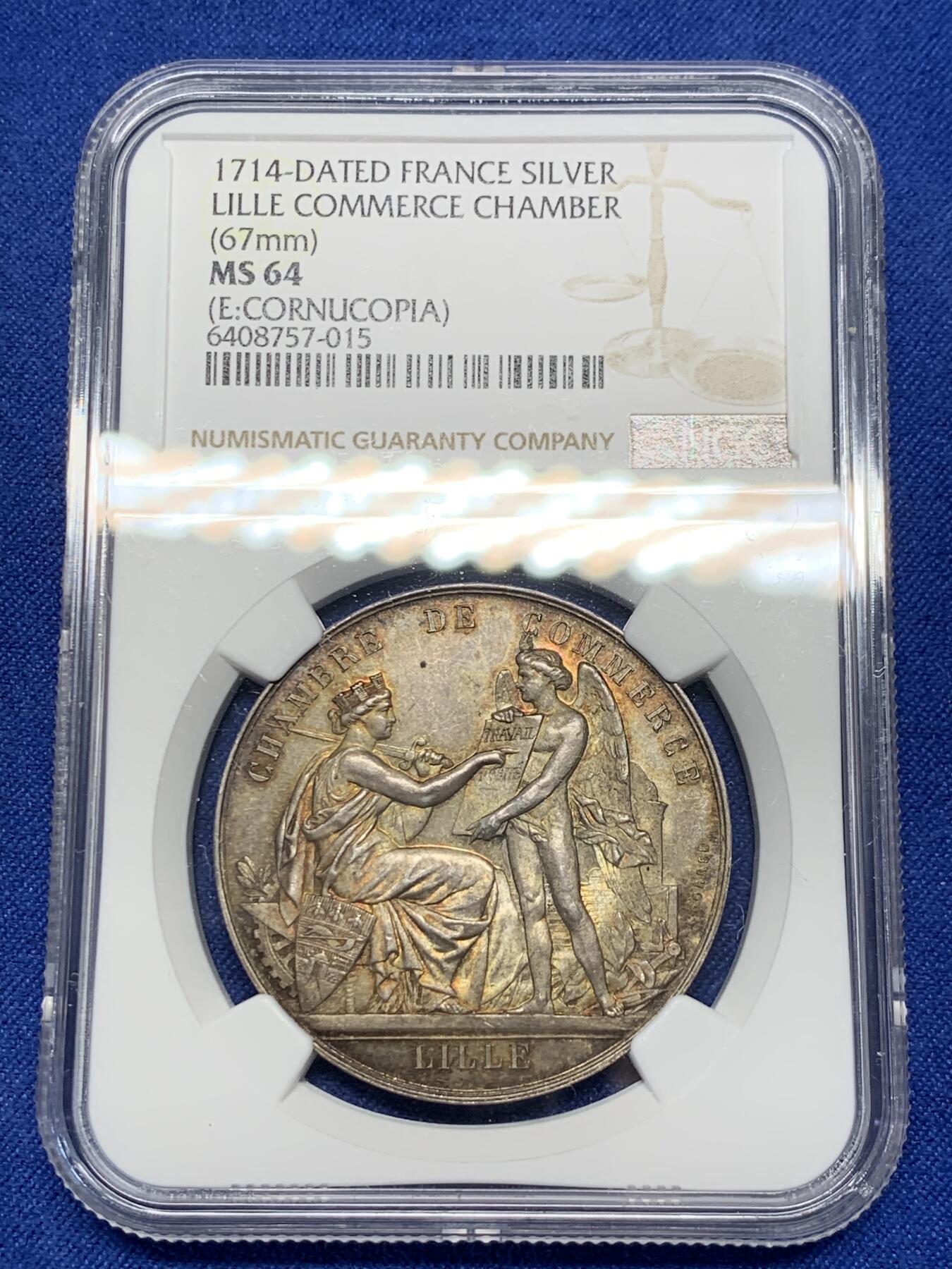 《竞宝斋》第291场- 周日，周一，周二 3场连拍 （全场包邮） NGC-MS64 法国里尔商会银质代币