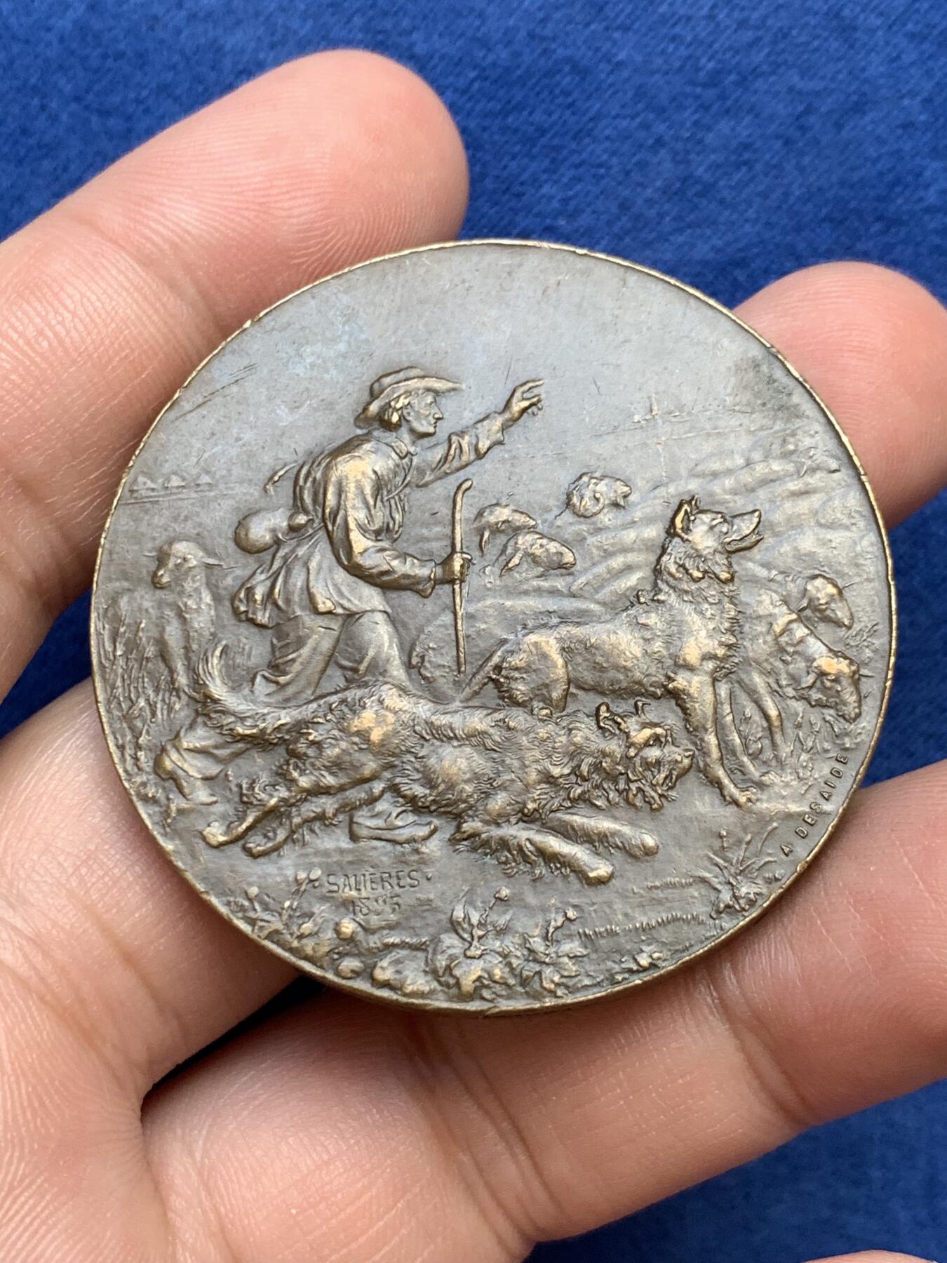 《竞宝斋》第291场- 周日，周一，周二 3场连拍 （全场包邮） 法国1893年牧羊铜章，46.39g，46.3mm，丰饶角+铜标边铭