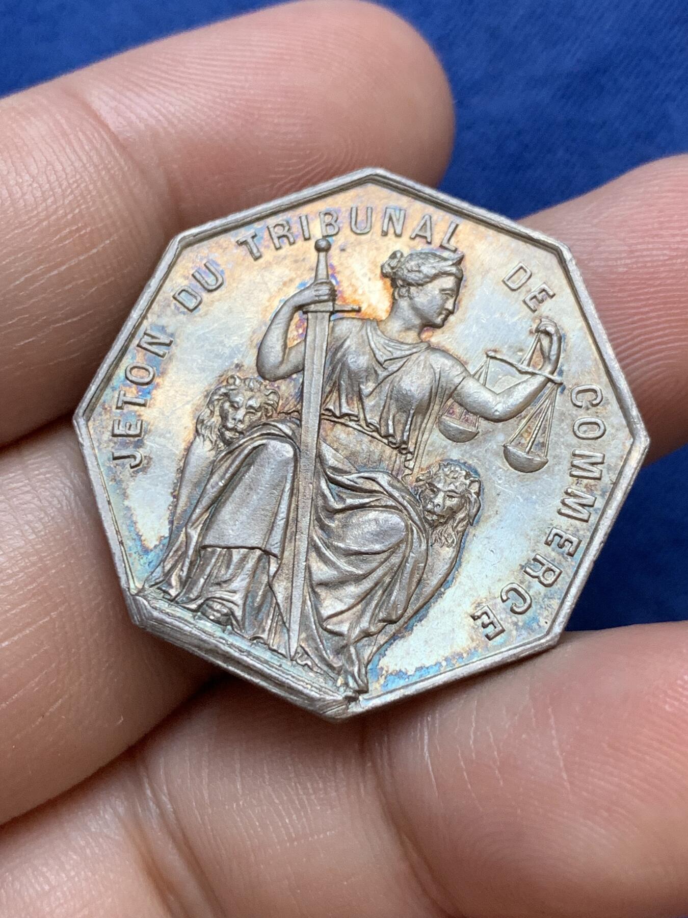 《竞宝斋》第291场- 周日，周一，周二 3场连拍 （全场包邮） 法国八角银质代币，瓦伦谢纳商会，14.96g，31mm，蜜蜂边铭