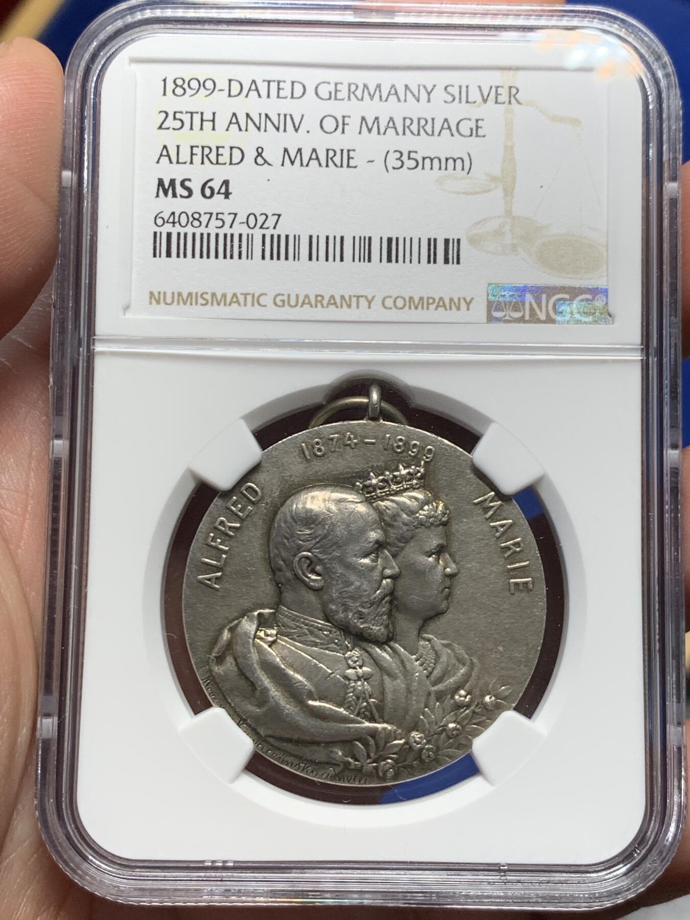 《竞宝斋》第291场- 周日，周一，周二 3场连拍 （全场包邮） NGC-MS64 德国1899年萨克斯-科堡-哥达，阿尔弗雷德和玛丽婚礼纪念银章，吊还完整，盒子加厚