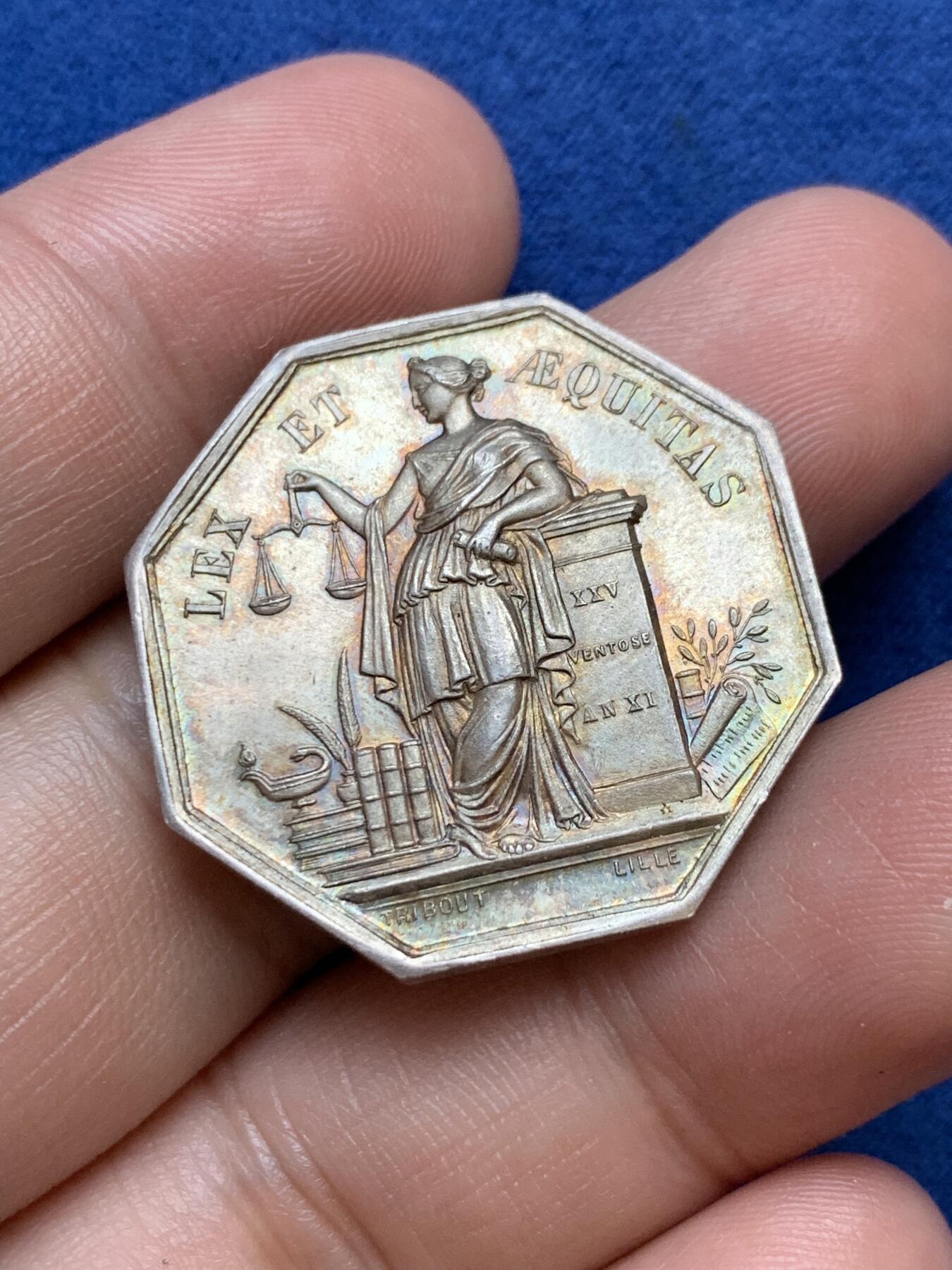 《竞宝斋》第291场- 周日，周一，周二 3场连拍 （全场包邮） 法国杜艾岛公证处八角银jeton，30mm，12克，丰饶角+ARGENT边铭