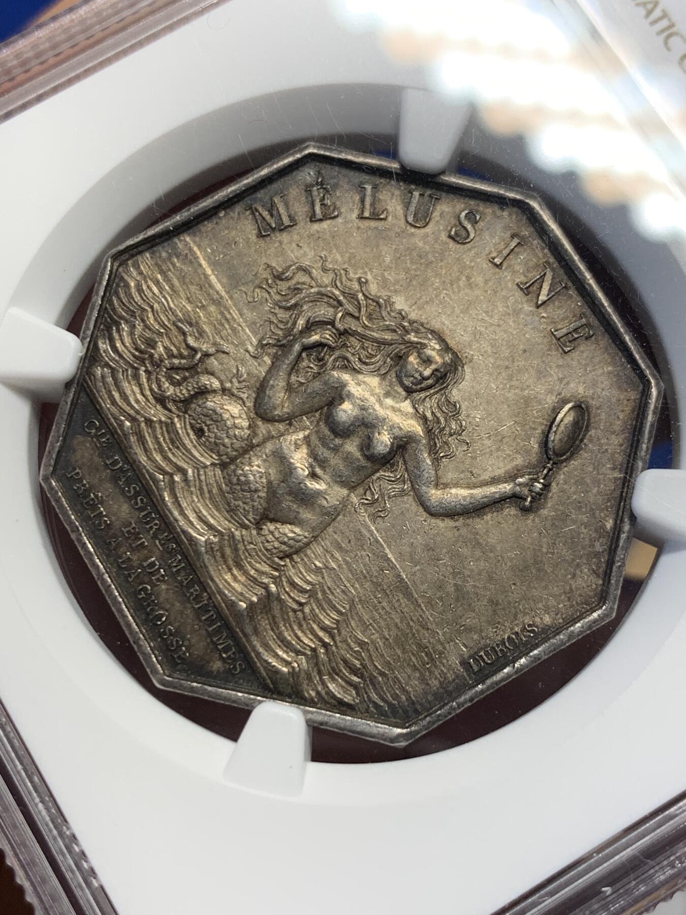 《竞宝斋》第291场- 周日，周一，周二 3场连拍 （全场包邮） NGC-AU58 法国名誉品海妖八角银质jeton，早期油灯人脸较难保存，难得au品相