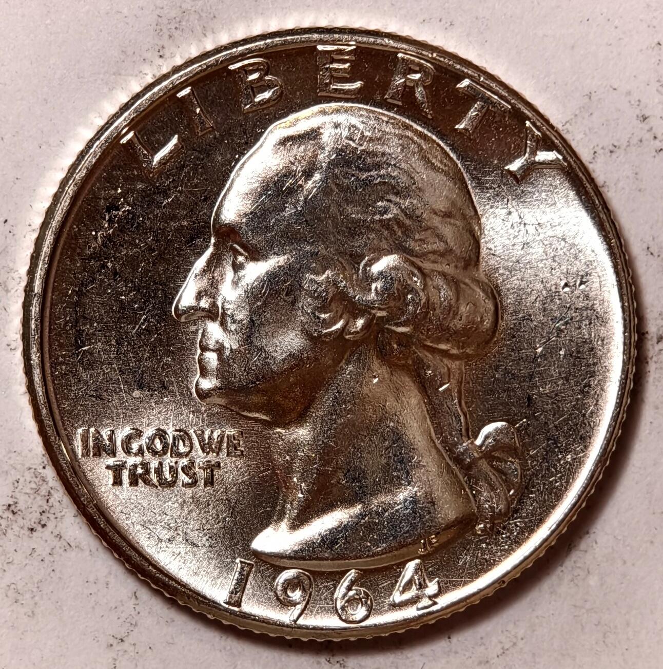 紫瑗钱币——第410期 美国 1964年 华盛顿 25美分 6.25克 0.9银 BU 可评级