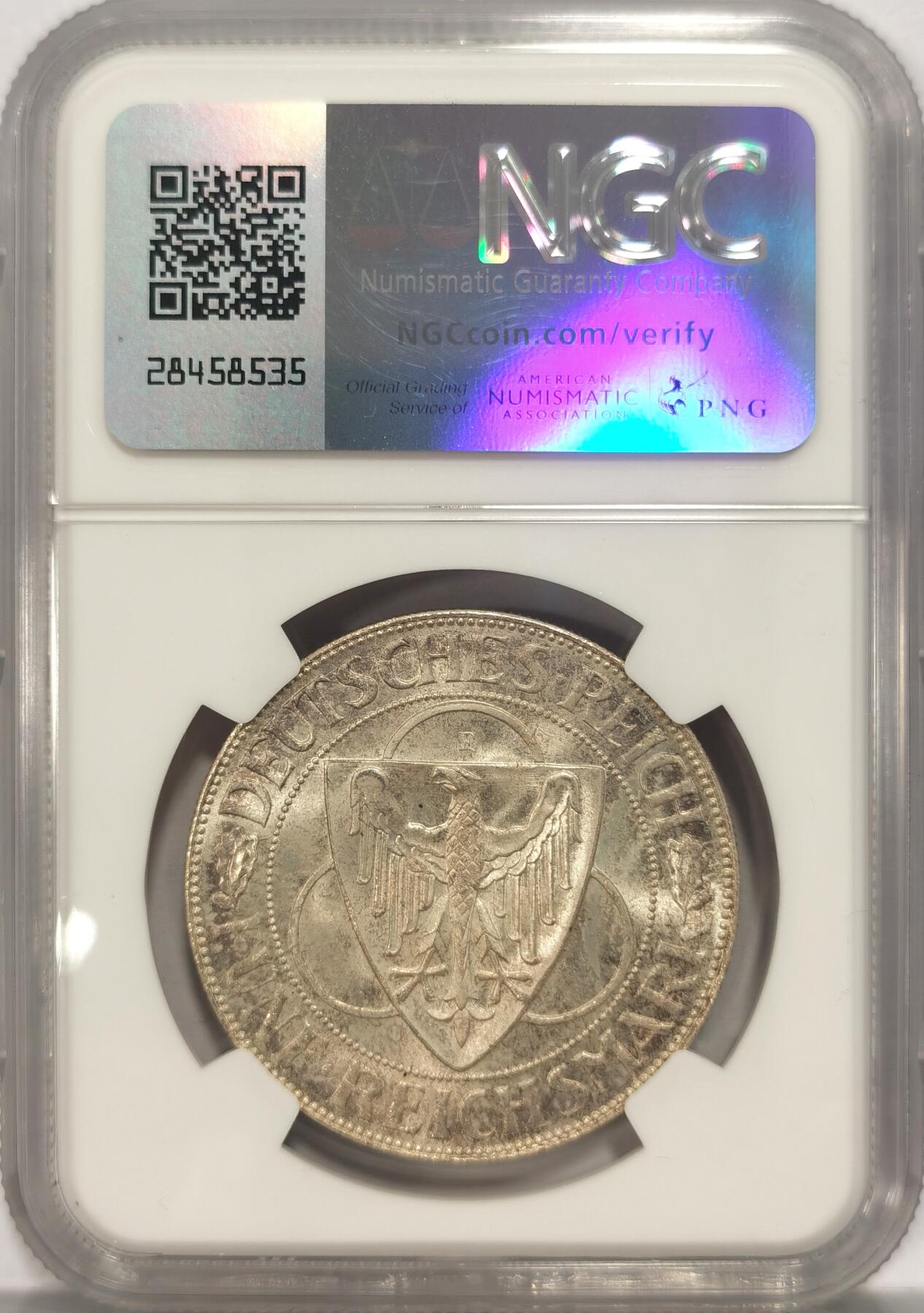 博洋堂“夏光旖旎”7月精品专场暨第085期（全场包邮） NGC MS65 德国魏玛1930年F版莱茵鹰桥5马克银币