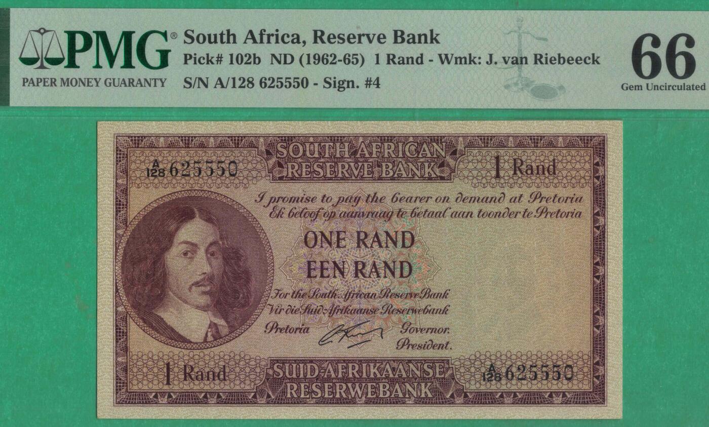 南非1962年至1965年1兰特 555中间豹子 无347 P-102b 实物图 UNC