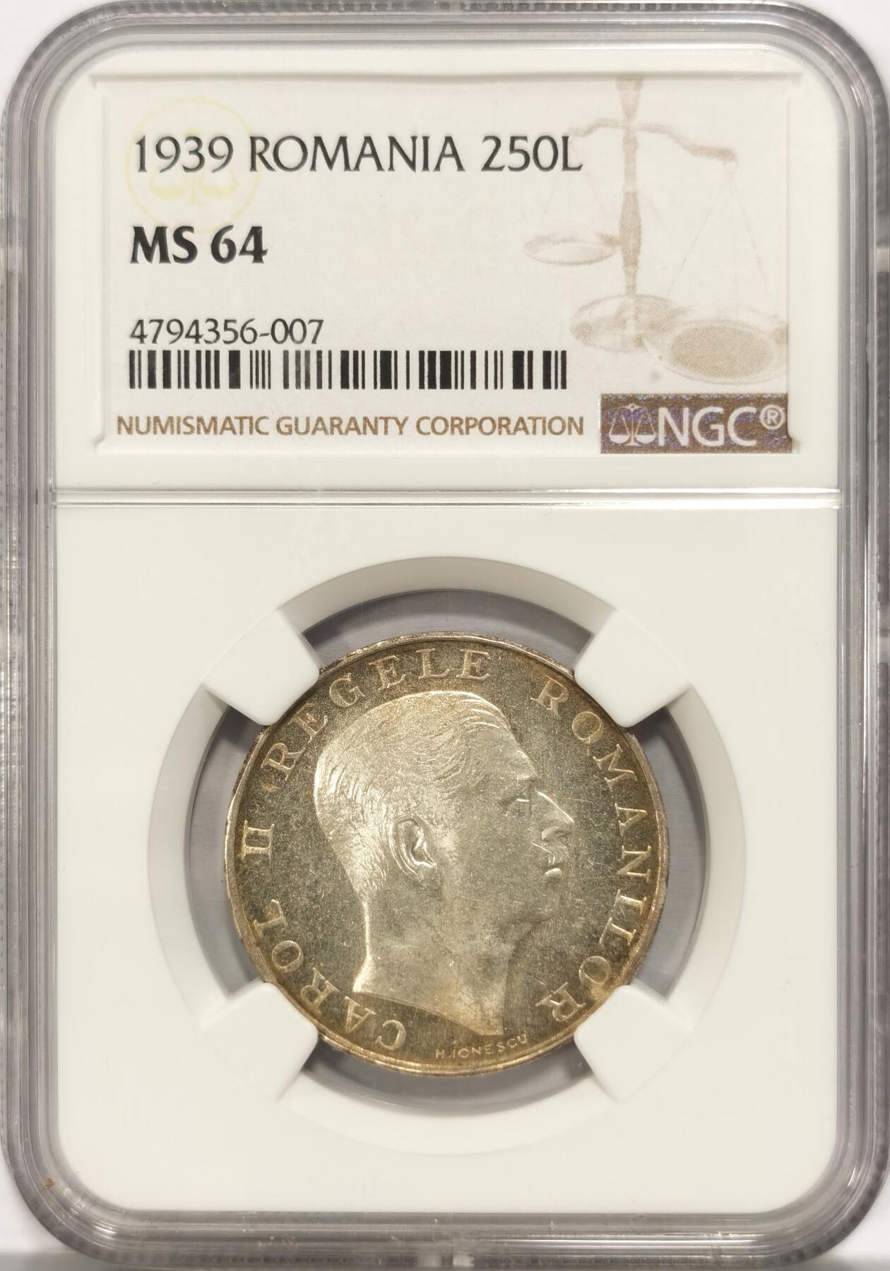 博洋堂“夏光旖旎”7月精品专场暨第085期（全场包邮） NGC MS64 罗马尼亚1939年250L银币