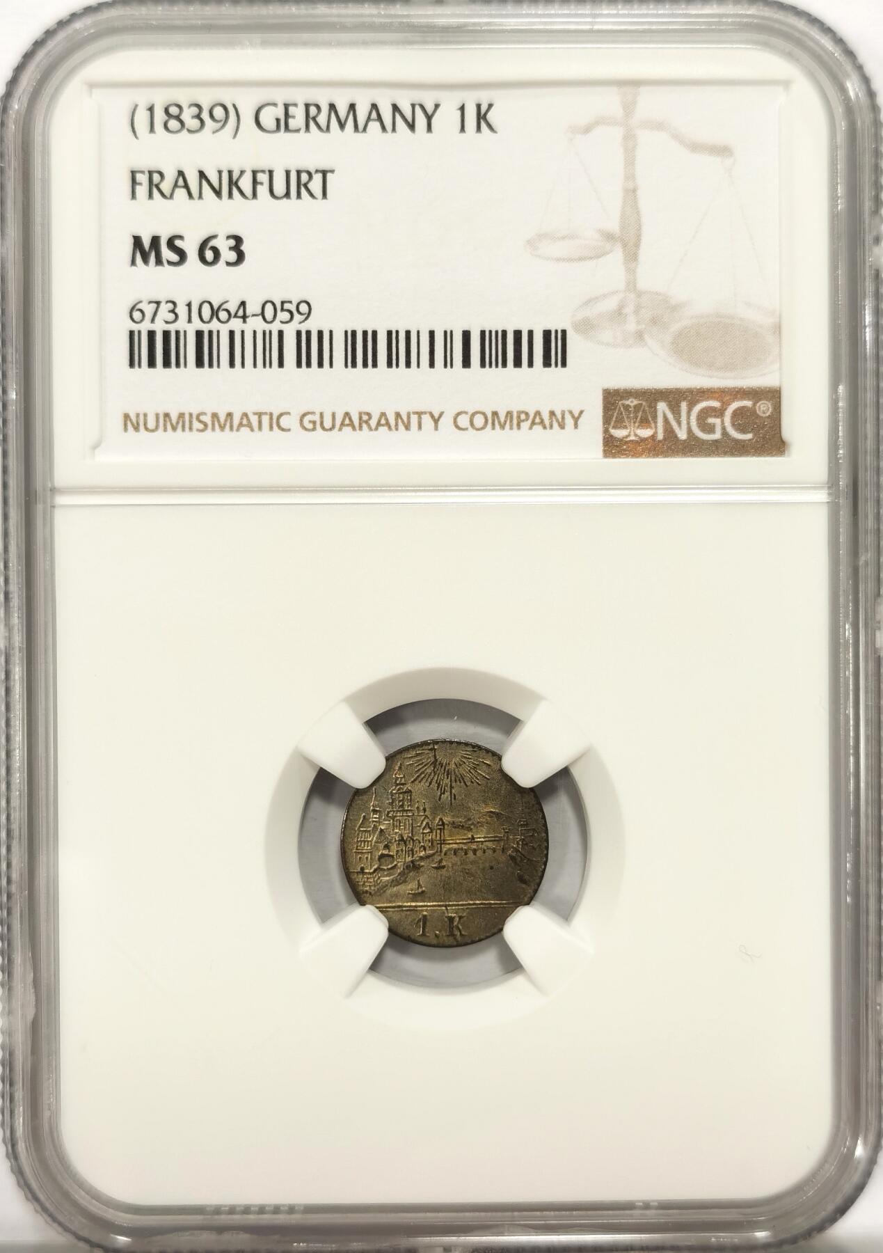 博洋堂“夏光旖旎”7月精品专场暨第085期（全场包邮） NGC MS63 德国1839年法兰克福城市景观1克鲁泽银币，原味状态，细节很好