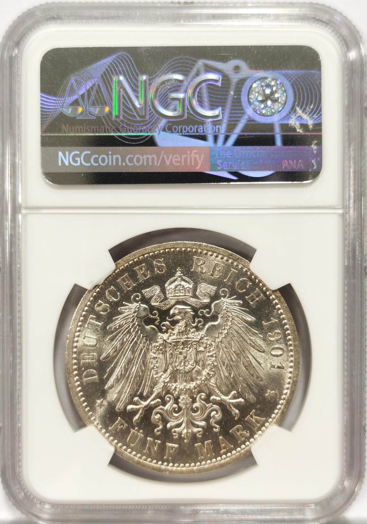 博洋堂“夏光旖旎”7月精品专场暨第085期（全场包邮） NGC MS61 德国普鲁士1901年A版建国200周年5马克大银币，底板干净高转光