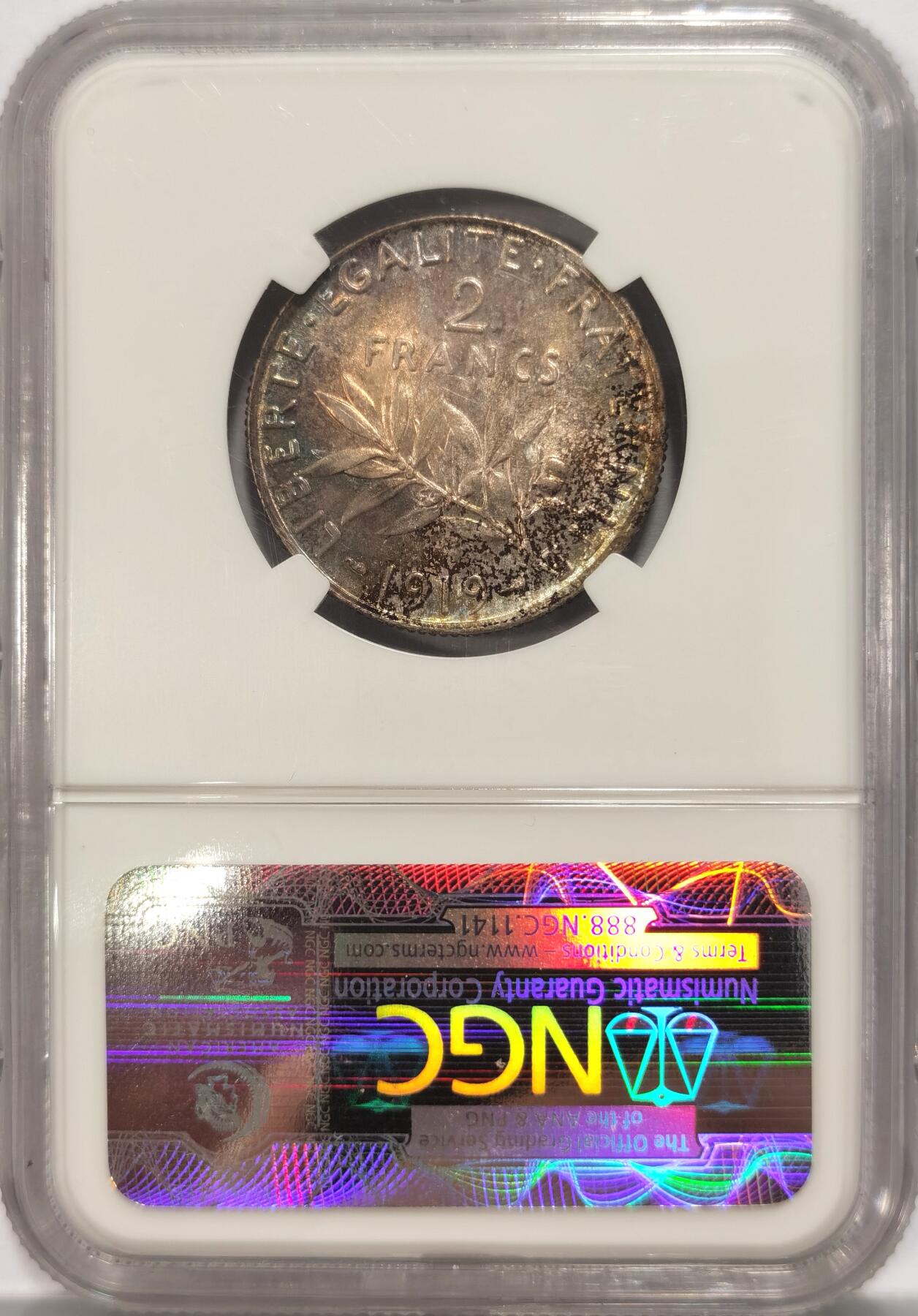 博洋堂“夏光旖旎”7月精品专场暨第085期（全场包邮） NGC MS64 法国1919年2法郎银币