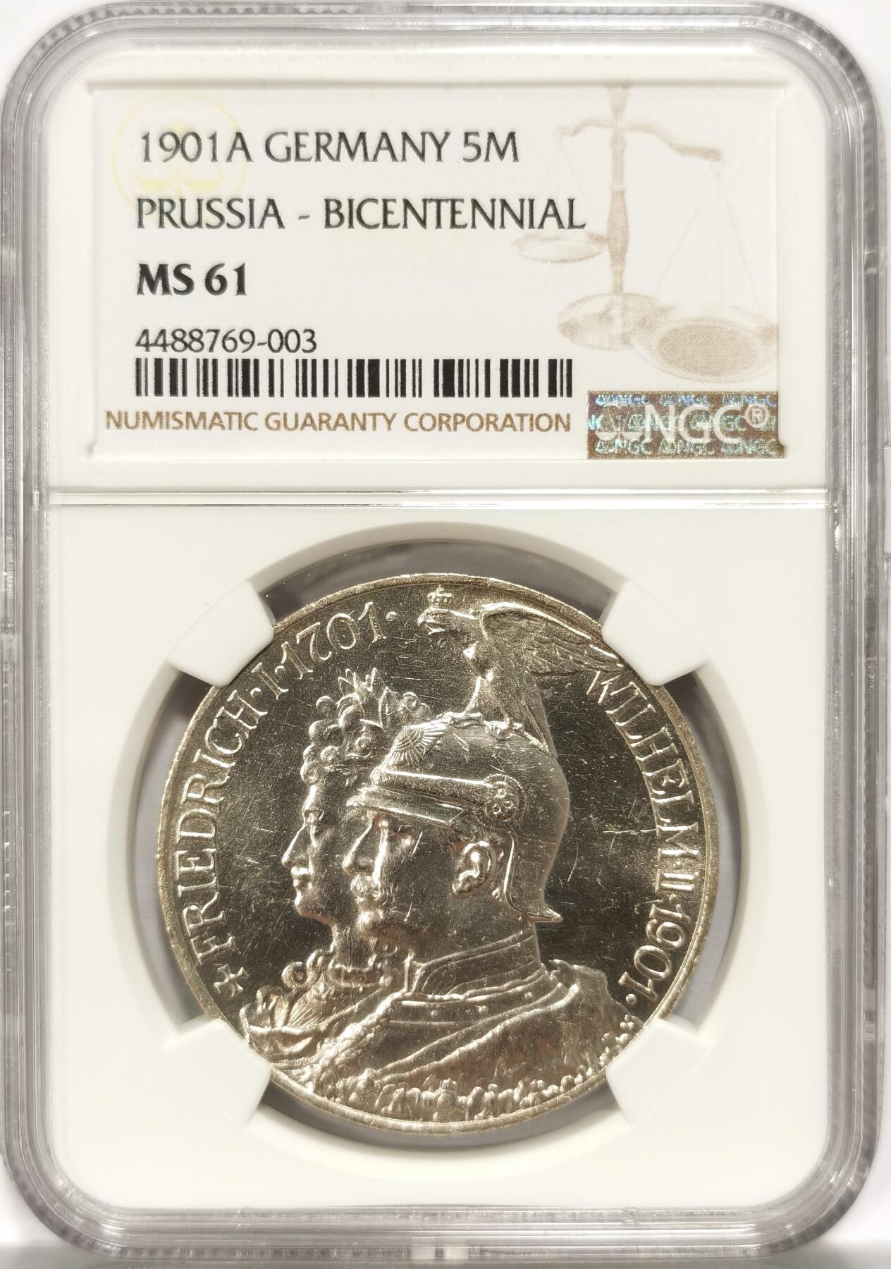 博洋堂“夏光旖旎”7月精品专场暨第085期（全场包邮） NGC MS61 德国普鲁士1901年A版建国200周年5马克大银币，底板干净高转光