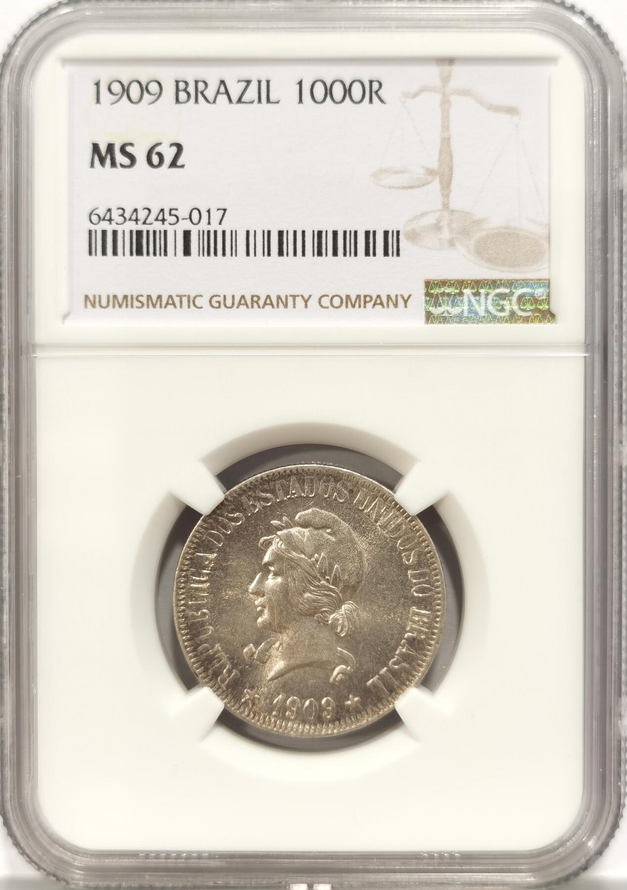 博洋堂“夏光旖旎”7月精品专场暨第085期（全场包邮） NGC MS62 巴西1909年1000R银币