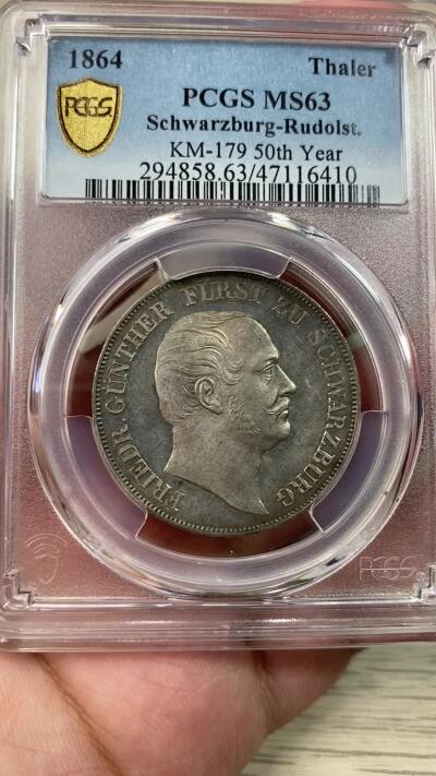万国钱币拍卖第030期（万国三十期纪念大拍） PCGS MS63 1864年德国施瓦茨堡-鲁多尔斯塔特双头鹰流通1泰勒 小邦原味极致五彩 单年发行仅4500枚 稀缺稀缺稀缺品种