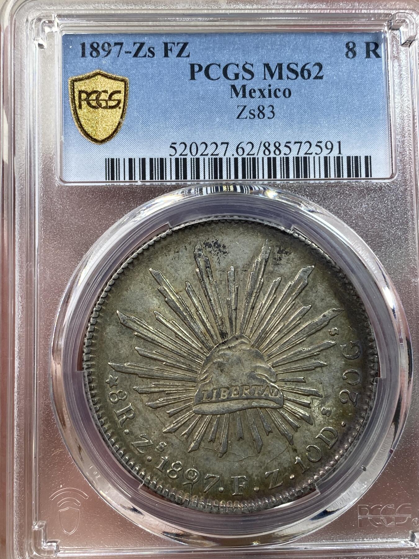 万国钱币拍卖第030期（万国三十期纪念大拍） PCGS MS62 1897年墨西哥ZS厂8R鹰洋大银币 环彩全羽