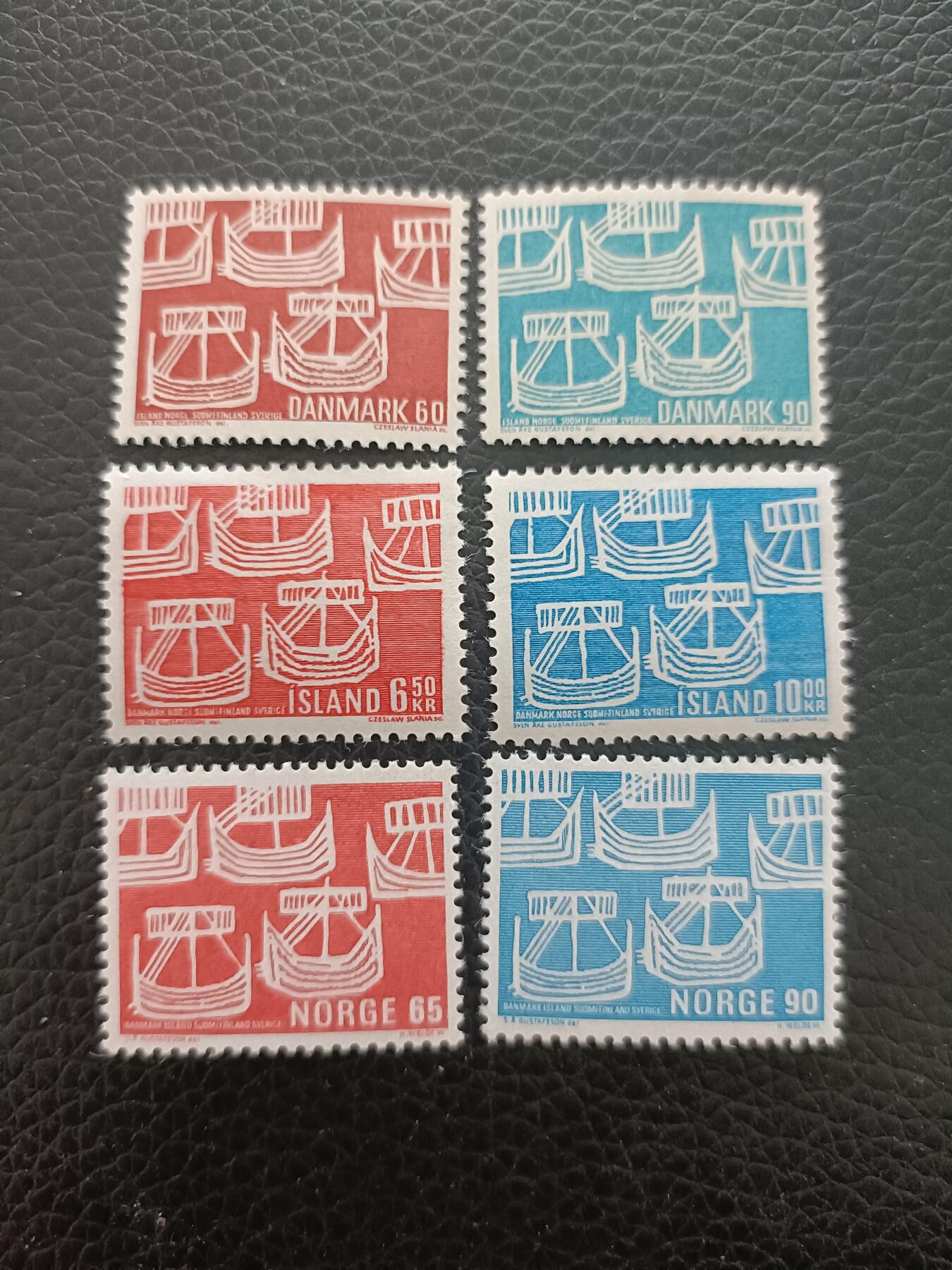 49外国邮票 丹麦 冰岛 挪威1969北欧联发古帆船雕刻版2全 共6枚  新票