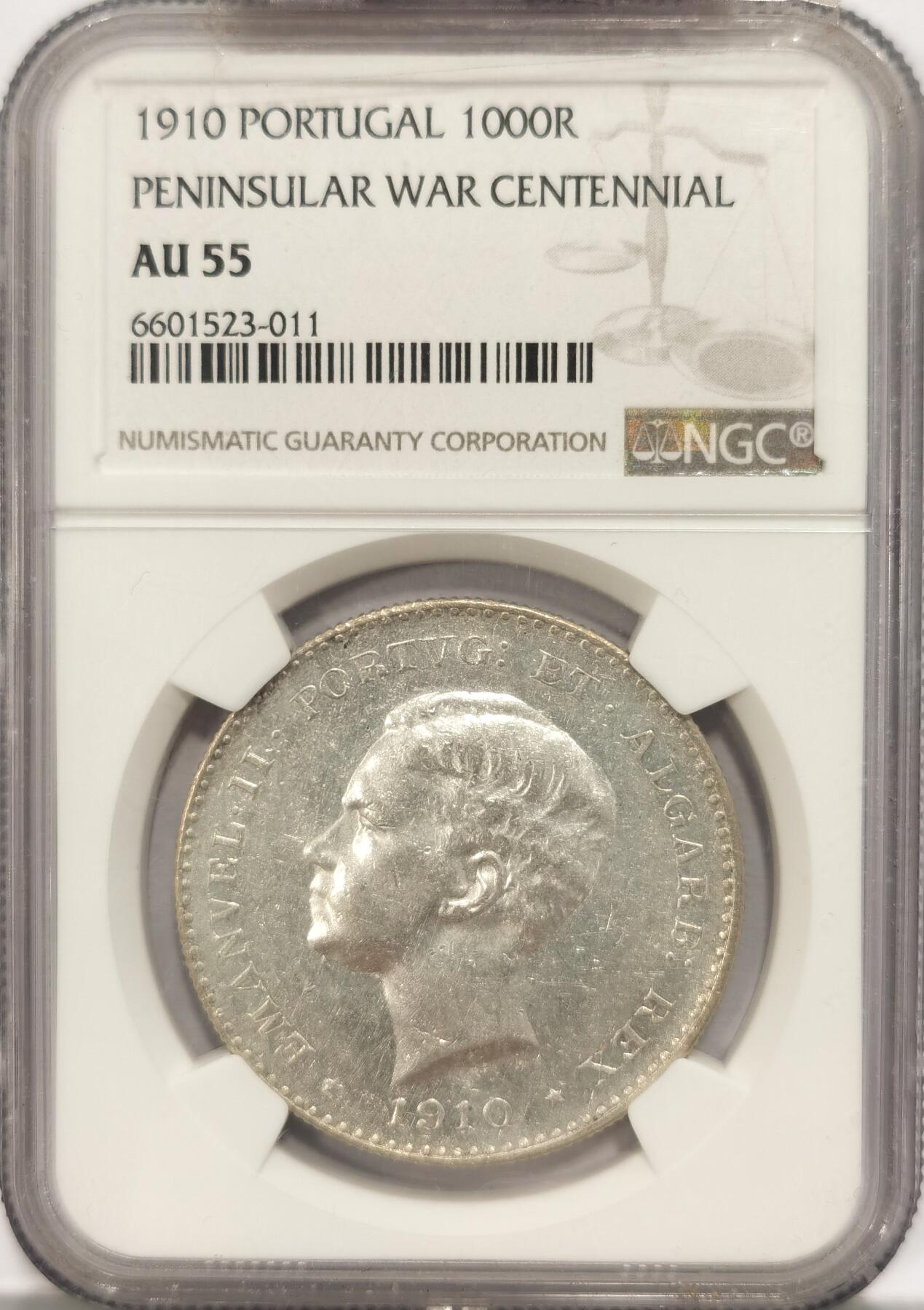 博洋堂“夏光旖旎”7月精品专场暨第085期（全场包邮） NGC AU55 葡萄牙1910年半岛战争1000R银币