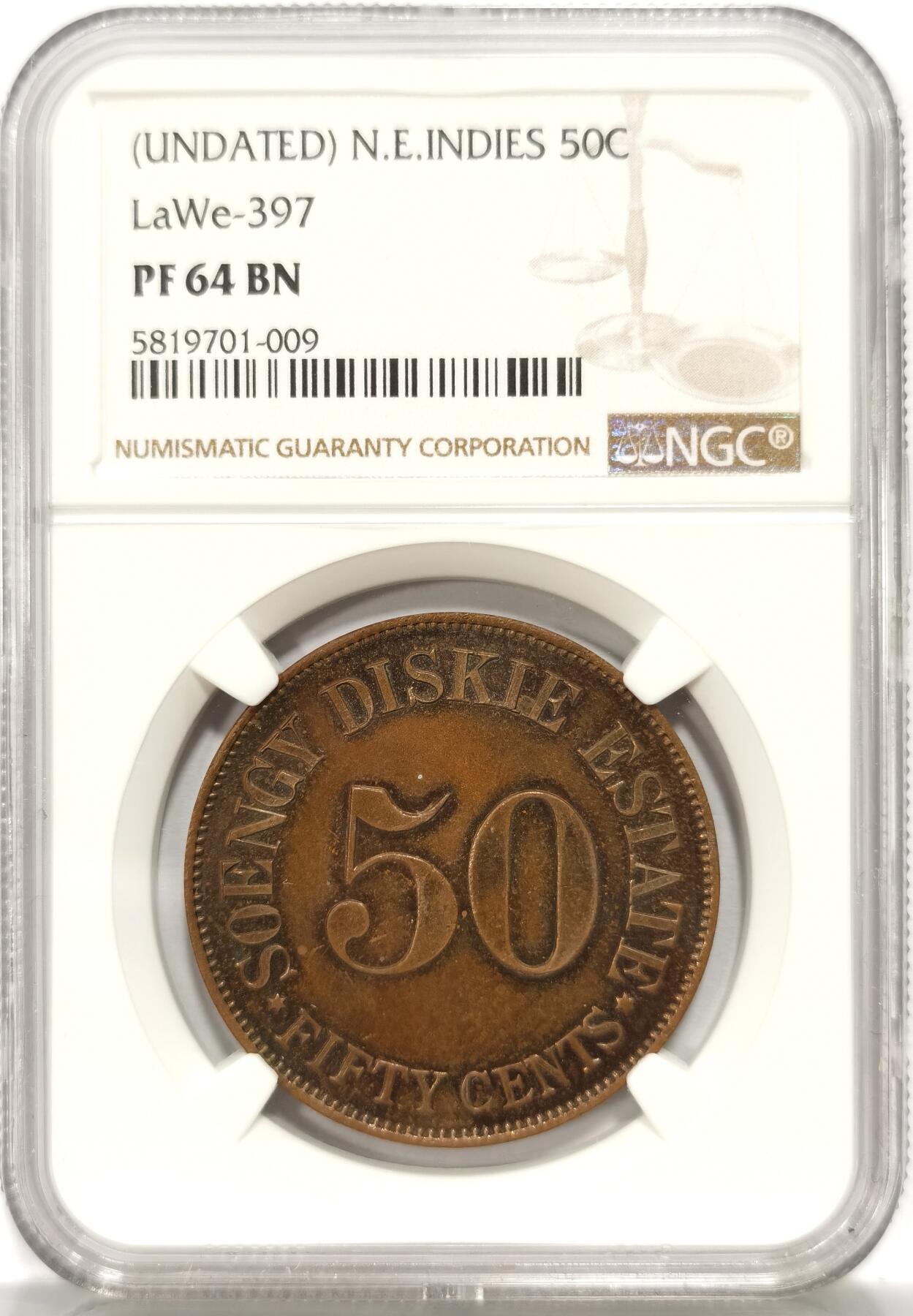 博洋堂“夏光旖旎”7月精品专场暨第085期（全场包邮） NGC PF64BN 荷属东印度群岛苏门答腊种植园50分精制铜代币，NGC亚军分，镜面五彩，潜力品种