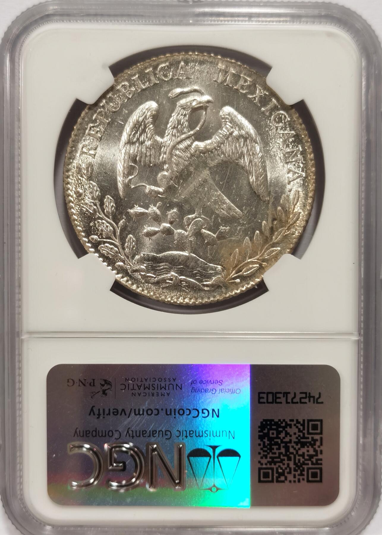 博洋堂“夏光旖旎”7月精品专场暨第085期（全场包邮） NGC MS61 墨西哥1891年Ca MM版花边鹰洋，强烈转光，鹰面是先天打制问题，严重低评，至少是62-63状态